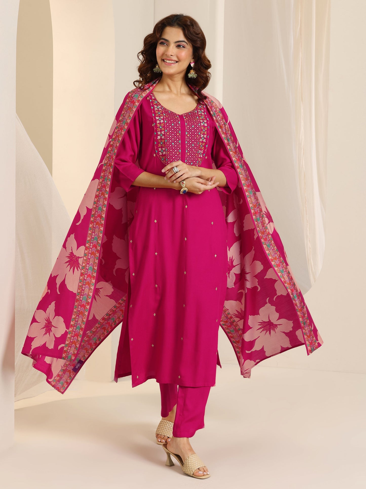 Pink Embroidered Viscose Rayon Straight Suit Set With Dupatta