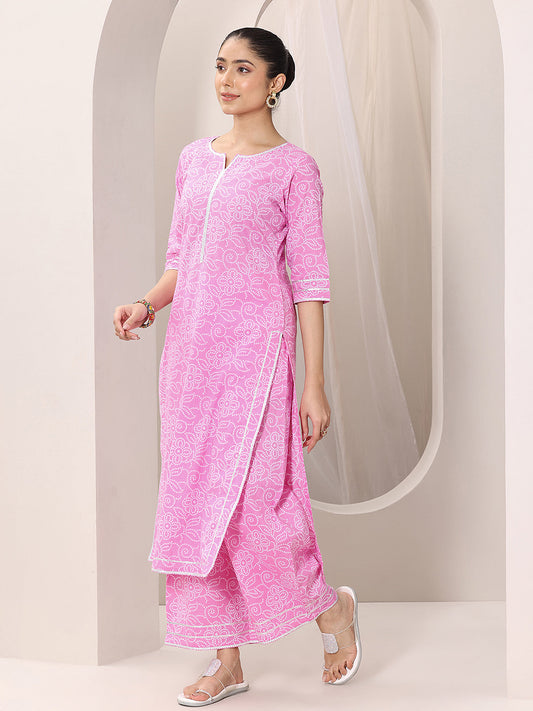 Pink Printed Cotton Straight Suit Set With Dupatta