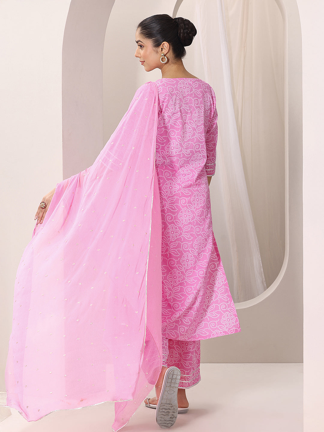 Pink Printed Cotton Straight Suit Set With Dupatta