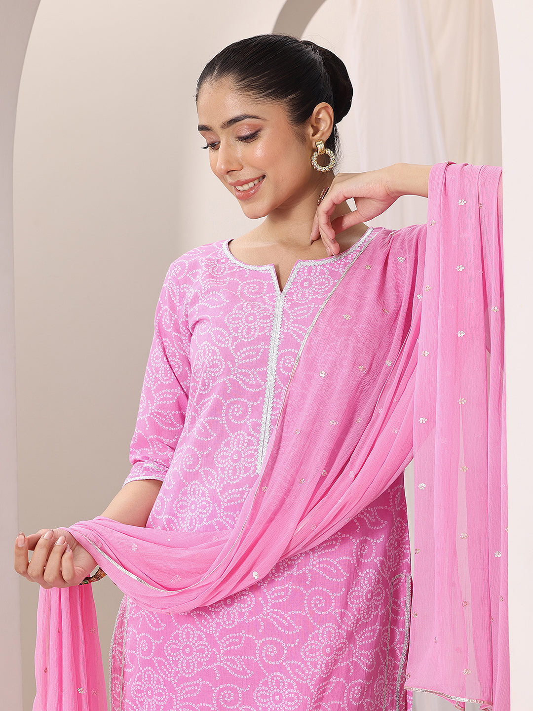 Pink Printed Cotton Straight Suit Set With Dupatta