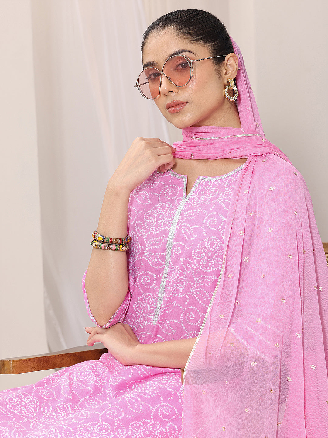 Pink Printed Cotton Straight Suit Set With Dupatta