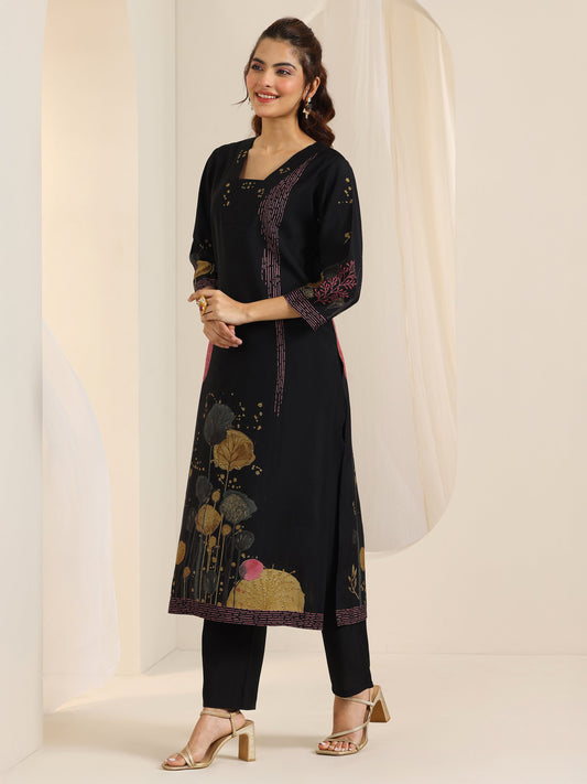 Black Printed Silk Blend Straight Suit Set With Dupatta