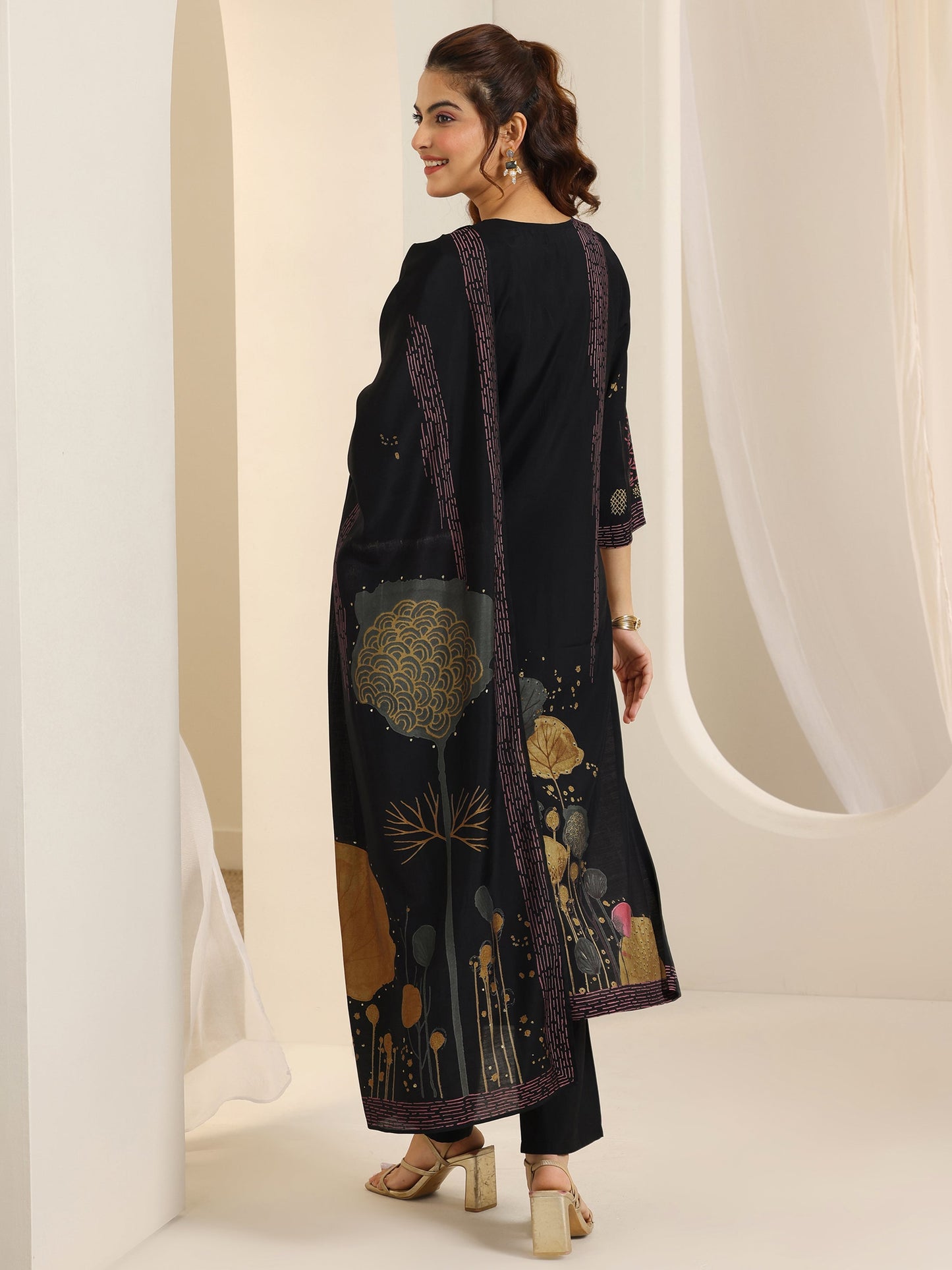Black Printed Silk Blend Straight Suit Set With Dupatta