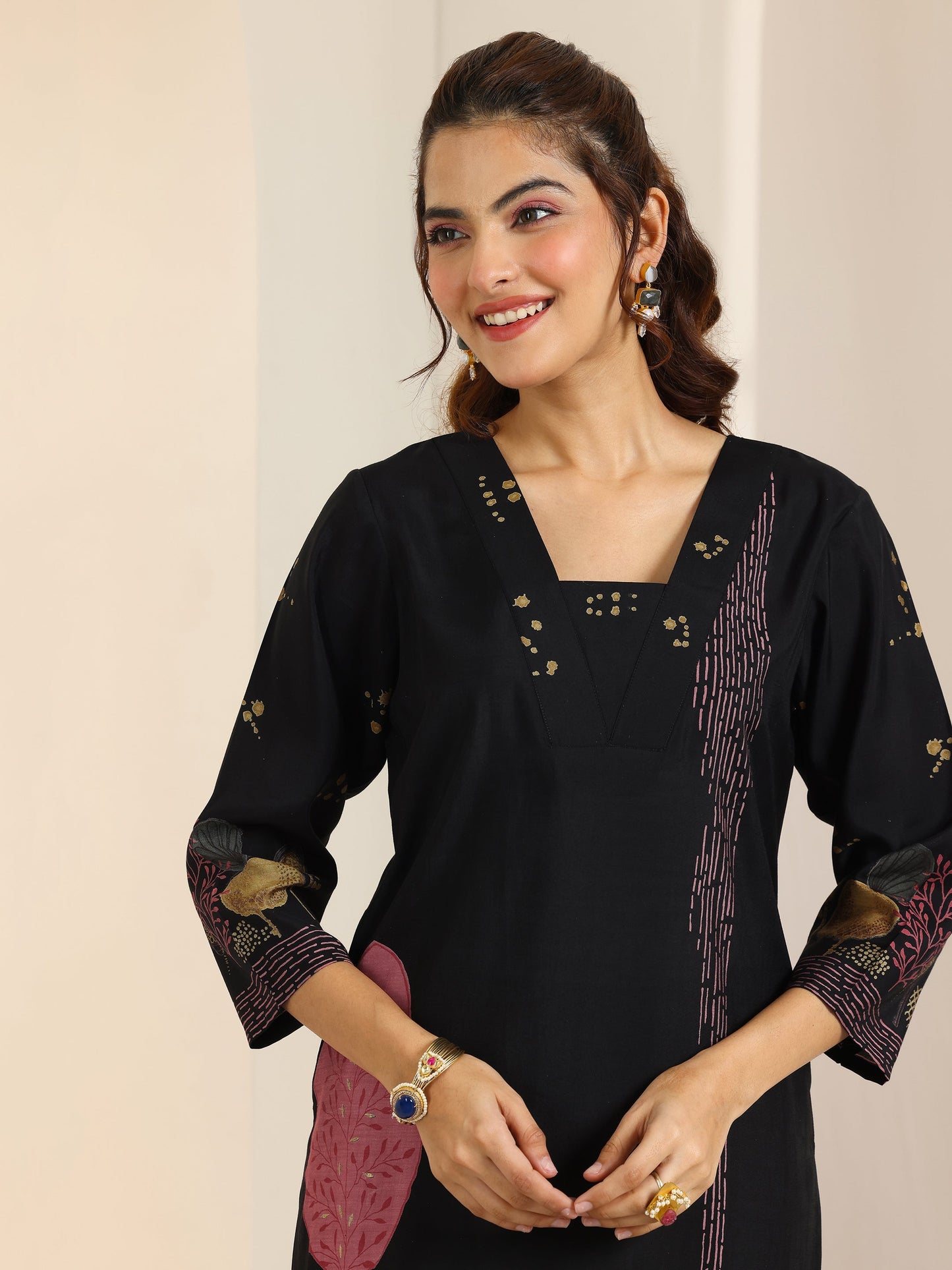 Black Printed Silk Blend Straight Suit Set With Dupatta