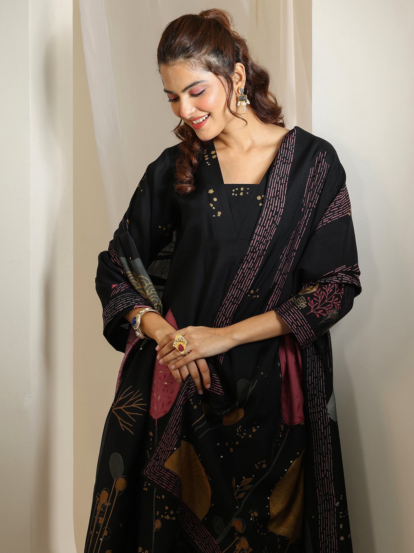 Black Printed Silk Blend Straight Suit Set With Dupatta