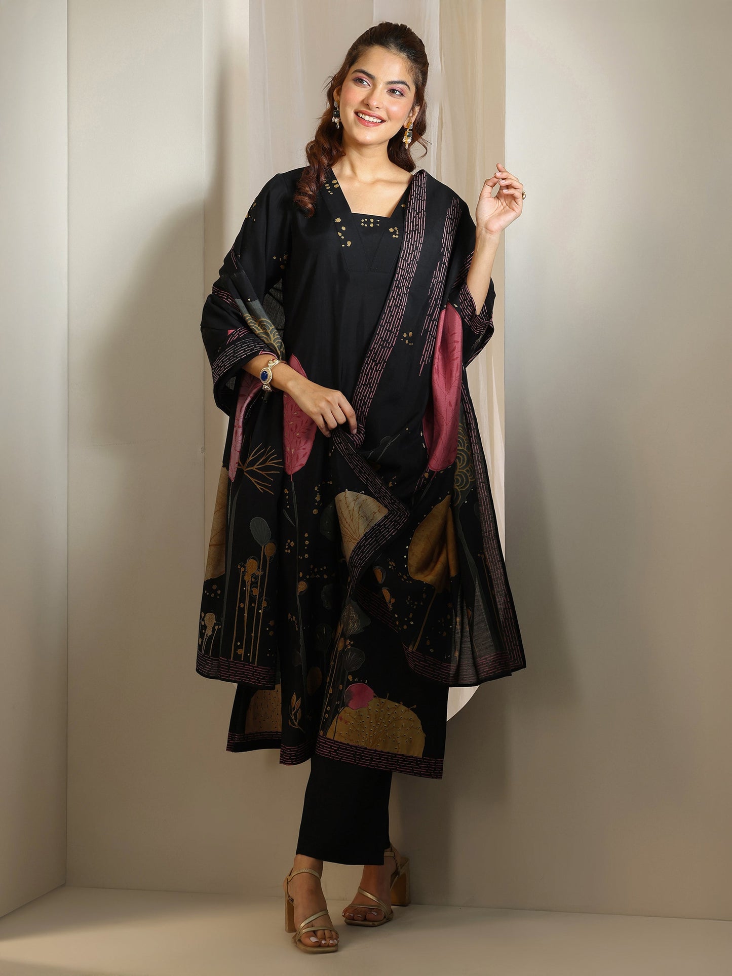 Black Printed Silk Blend Straight Suit Set With Dupatta