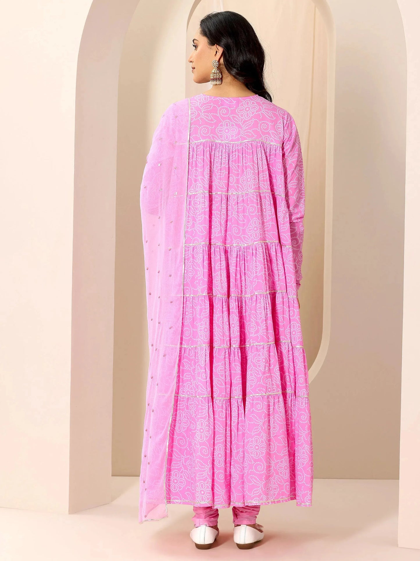 Pink Floral Printed Cotton Flared Suit Set With Dupatta