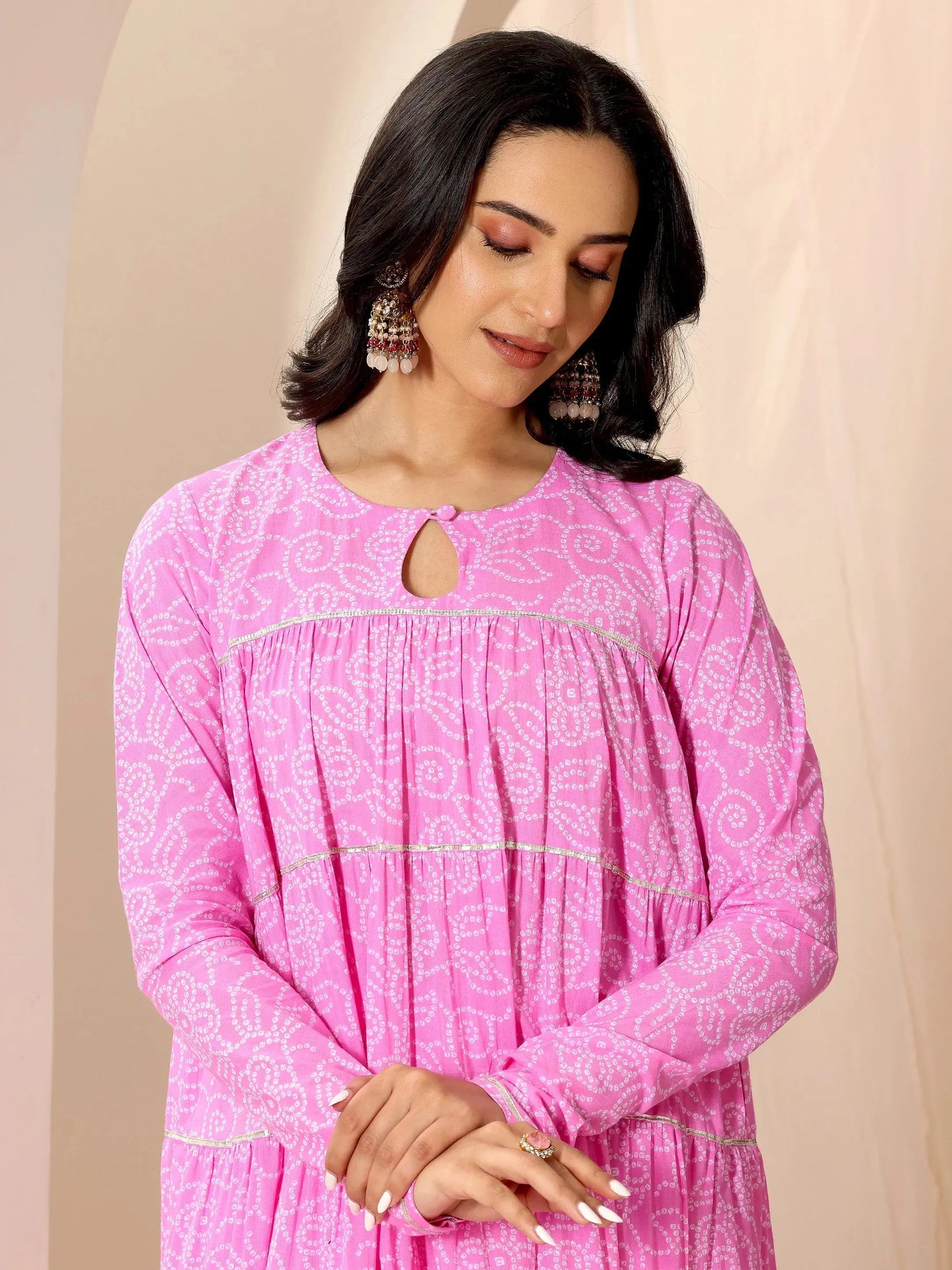 Pink Floral Printed Cotton Flared Suit Set With Dupatta