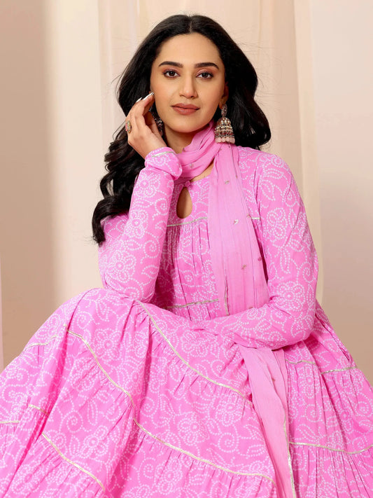 Pink Floral Printed Cotton Flared Suit Set With Dupatta