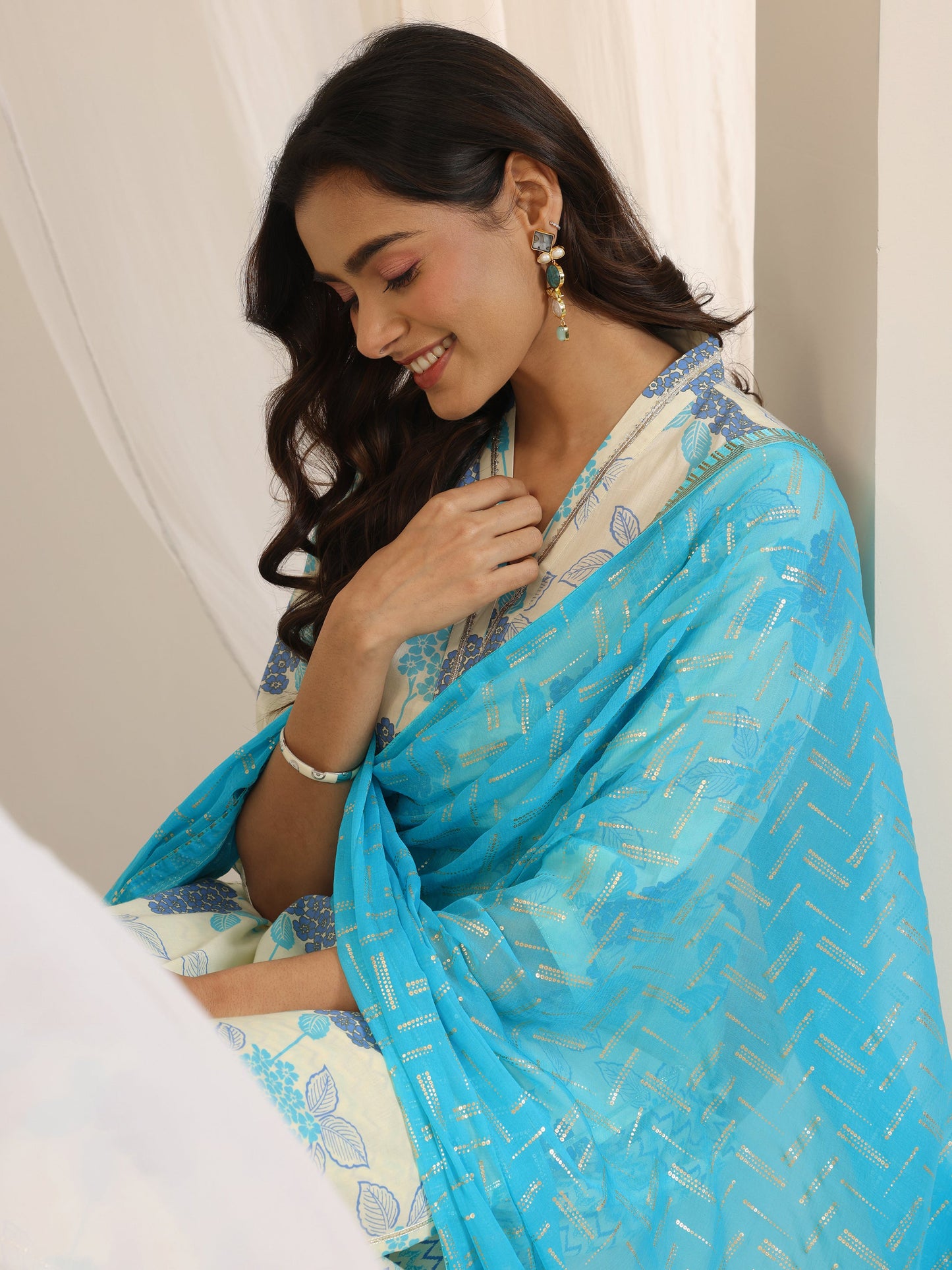 Off White Floral Printed Cotton Straight Suit Set With Dupatta