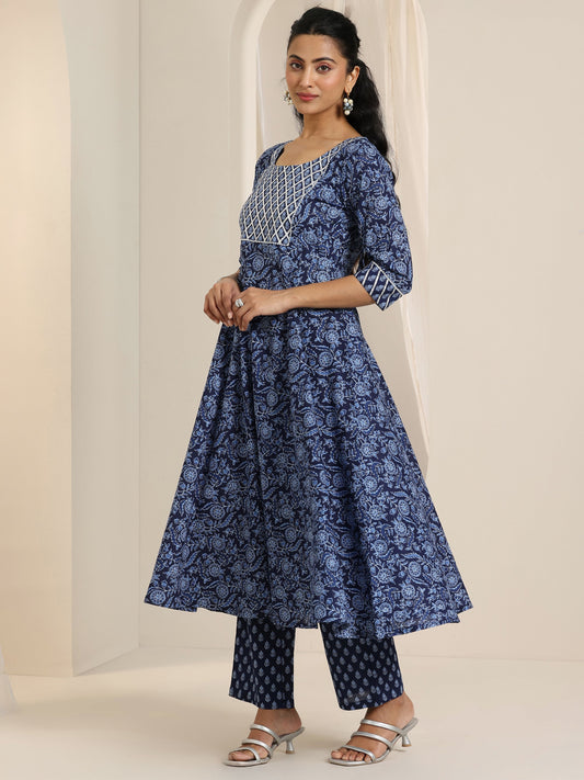 Blue Floral Printed Cotton Anarkali Suit Set With Dupatta