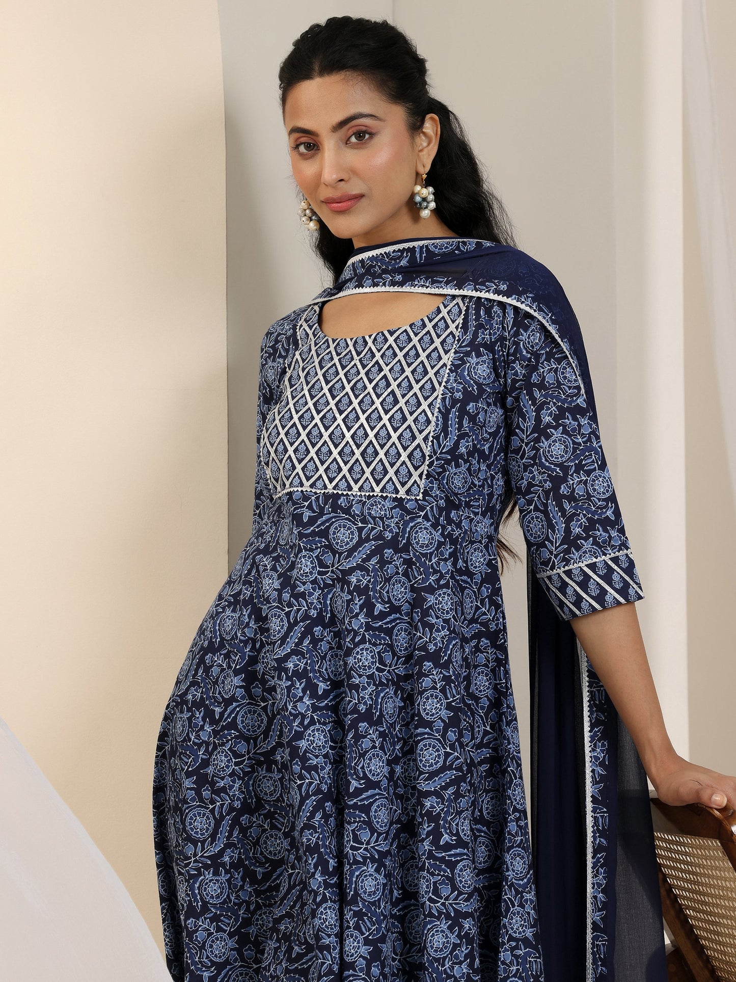 Blue Floral Printed Cotton Anarkali Suit Set With Dupatta