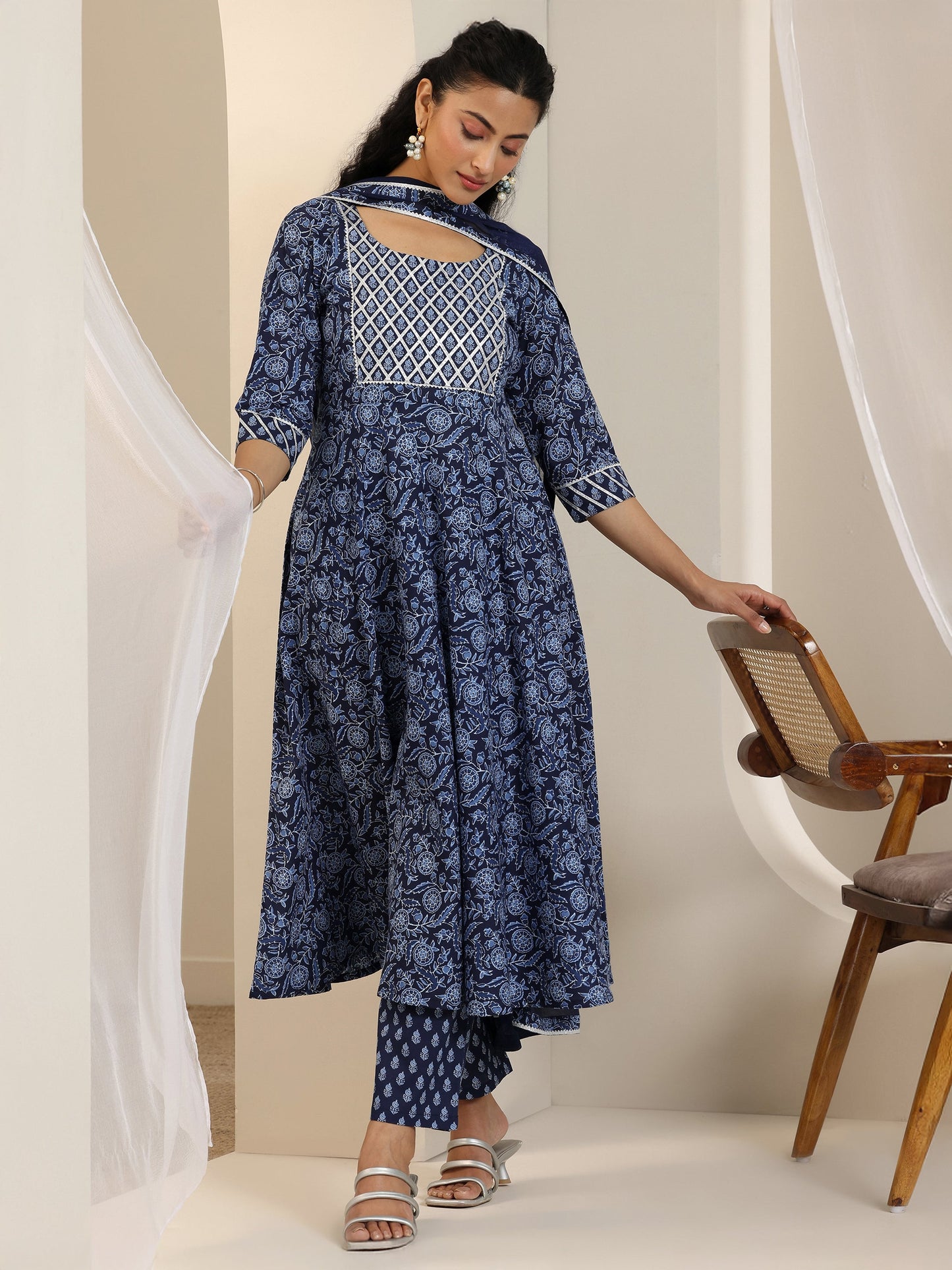 Blue Floral Printed Cotton Anarkali Suit Set With Dupatta