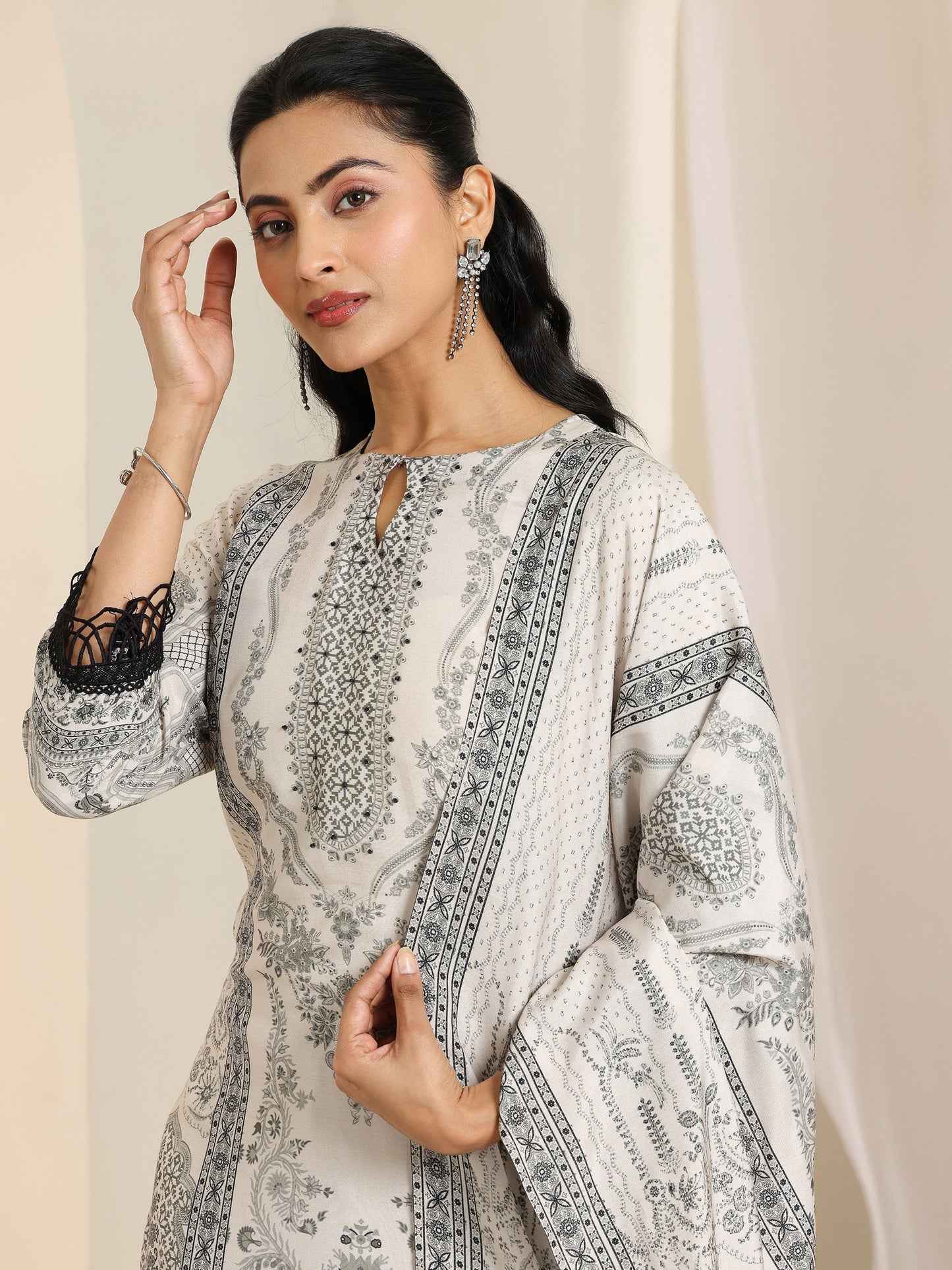 Black Floral Printed Silk Blend Straight Suit Set With Dupatta