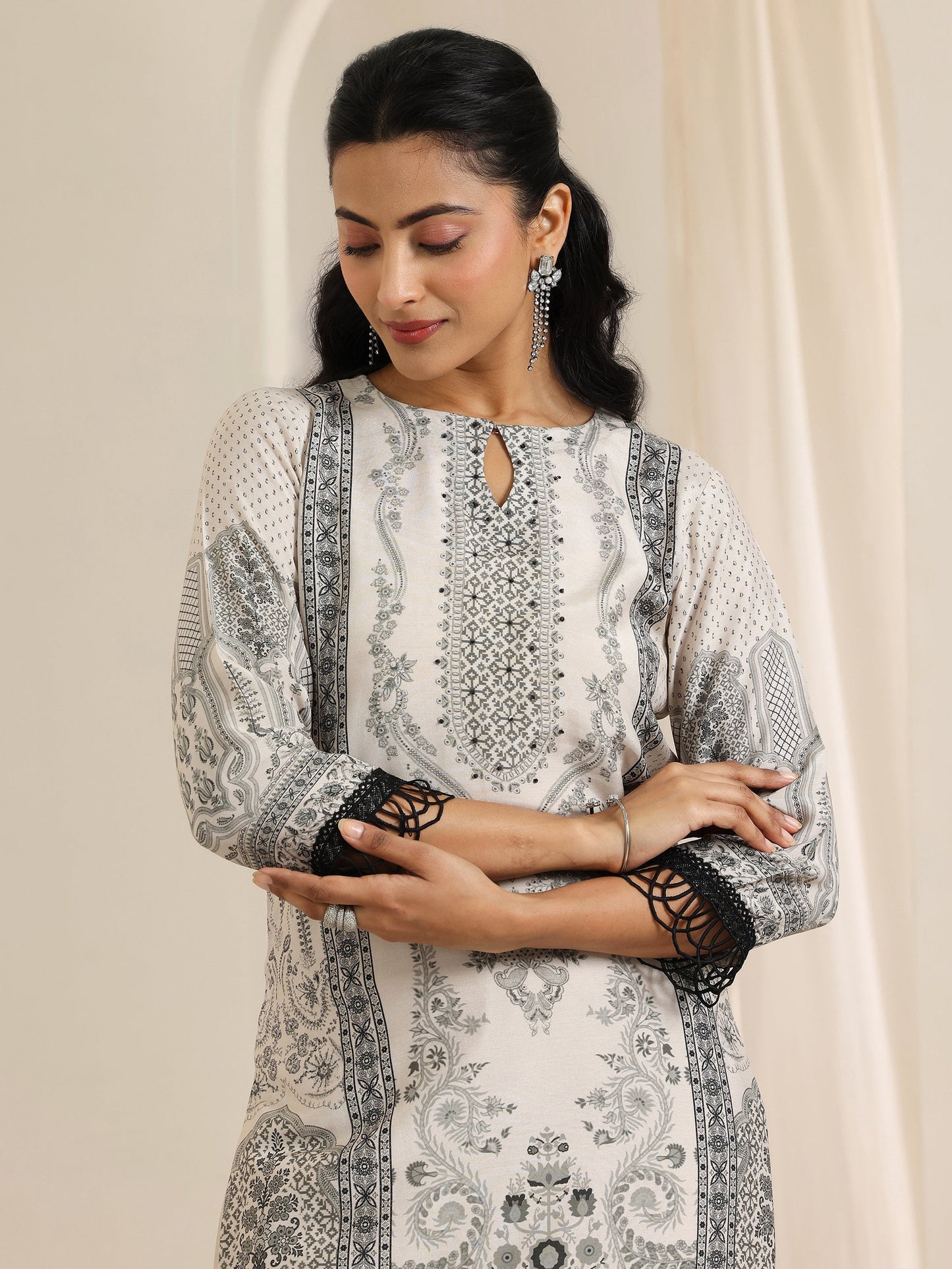 Black Floral Printed Silk Blend Straight Suit Set With Dupatta