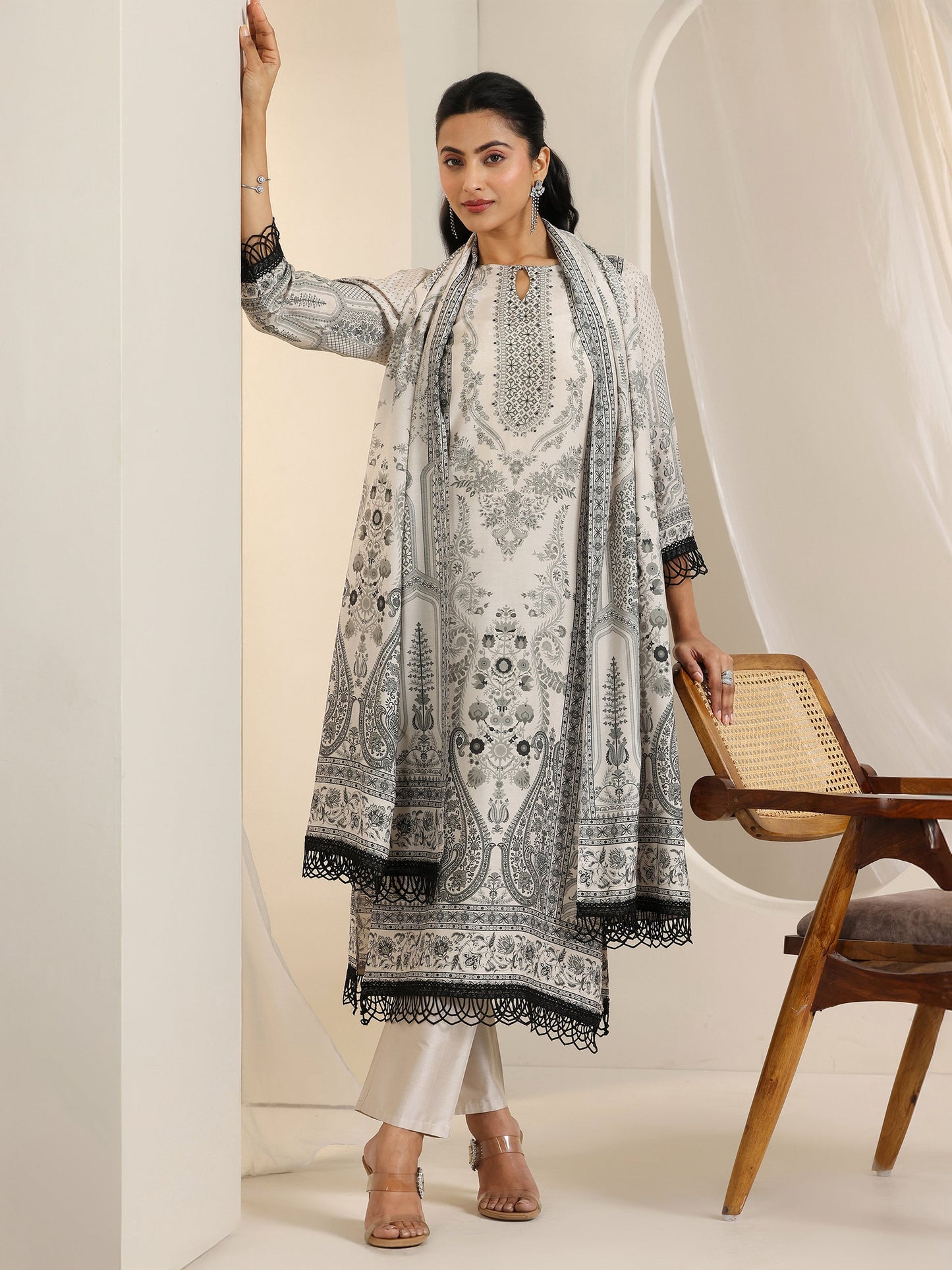 Black Floral Printed Silk Blend Straight Suit Set With Dupatta