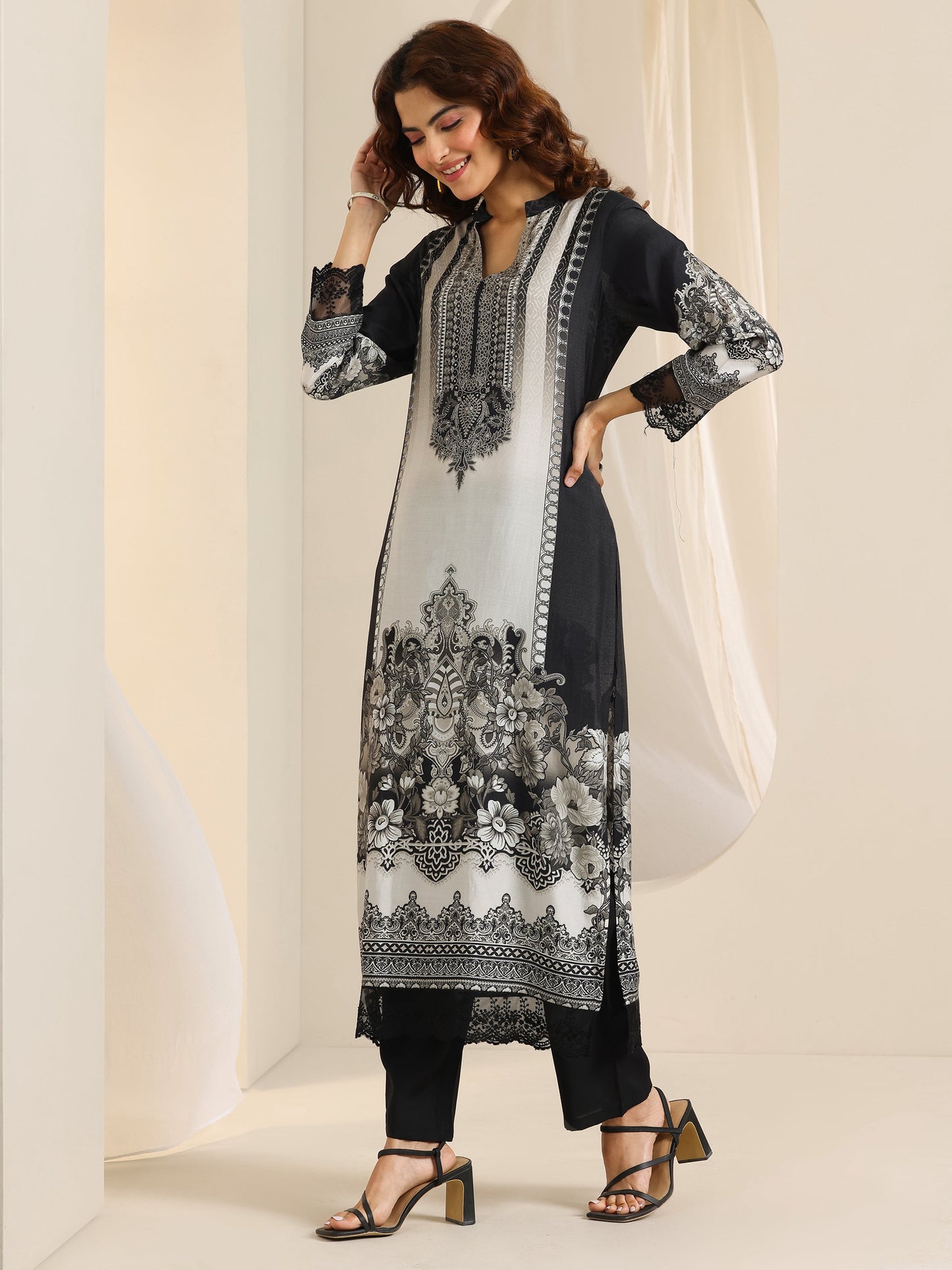 Black Floral Printed Silk Blend Straight Suit Set With Dupatta