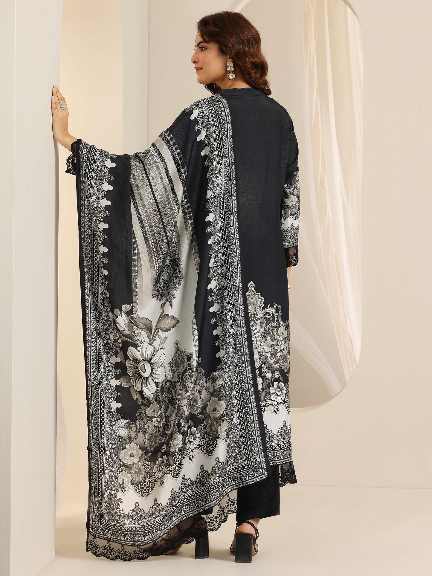 Black Floral Printed Silk Blend Straight Suit Set With Dupatta