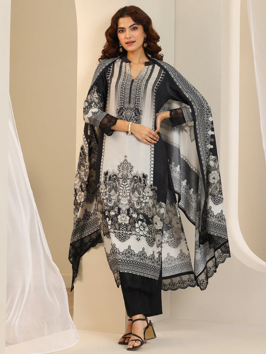 Black Floral Printed Silk Blend Straight Suit Set With Dupatta