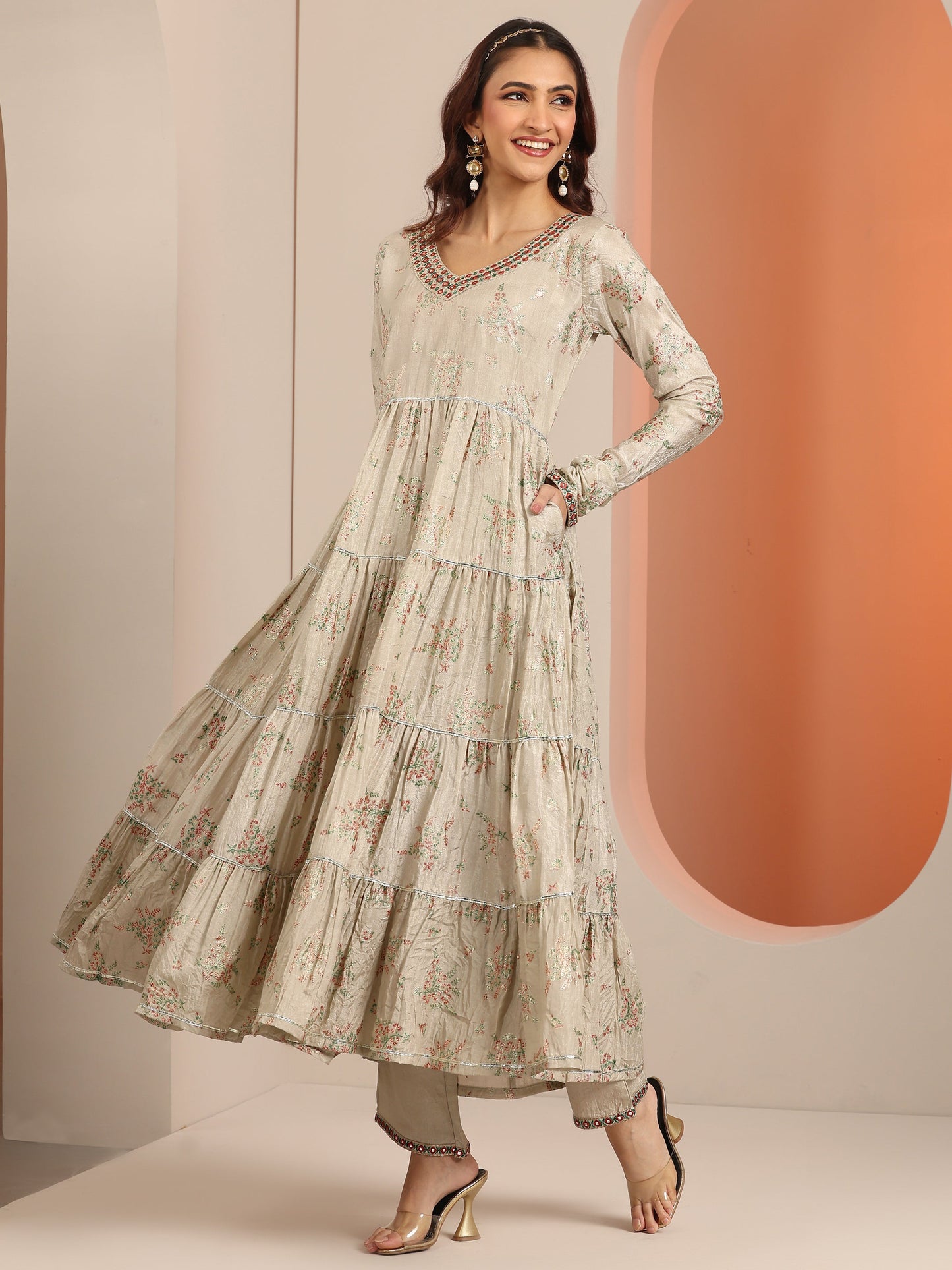 Grey Floral Printed Silk Blend Anarkali Suit Set With Dupatta