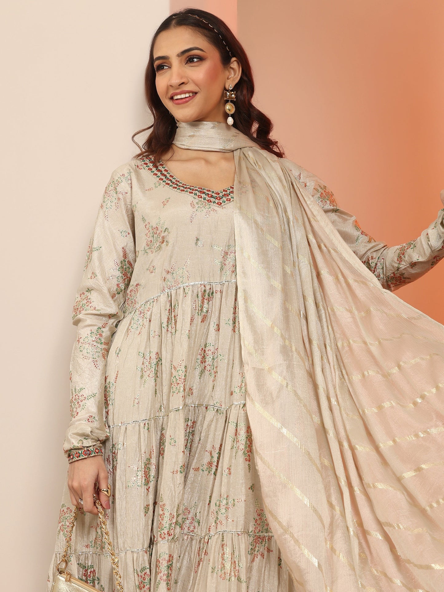 Grey Floral Printed Silk Blend Anarkali Suit Set With Dupatta