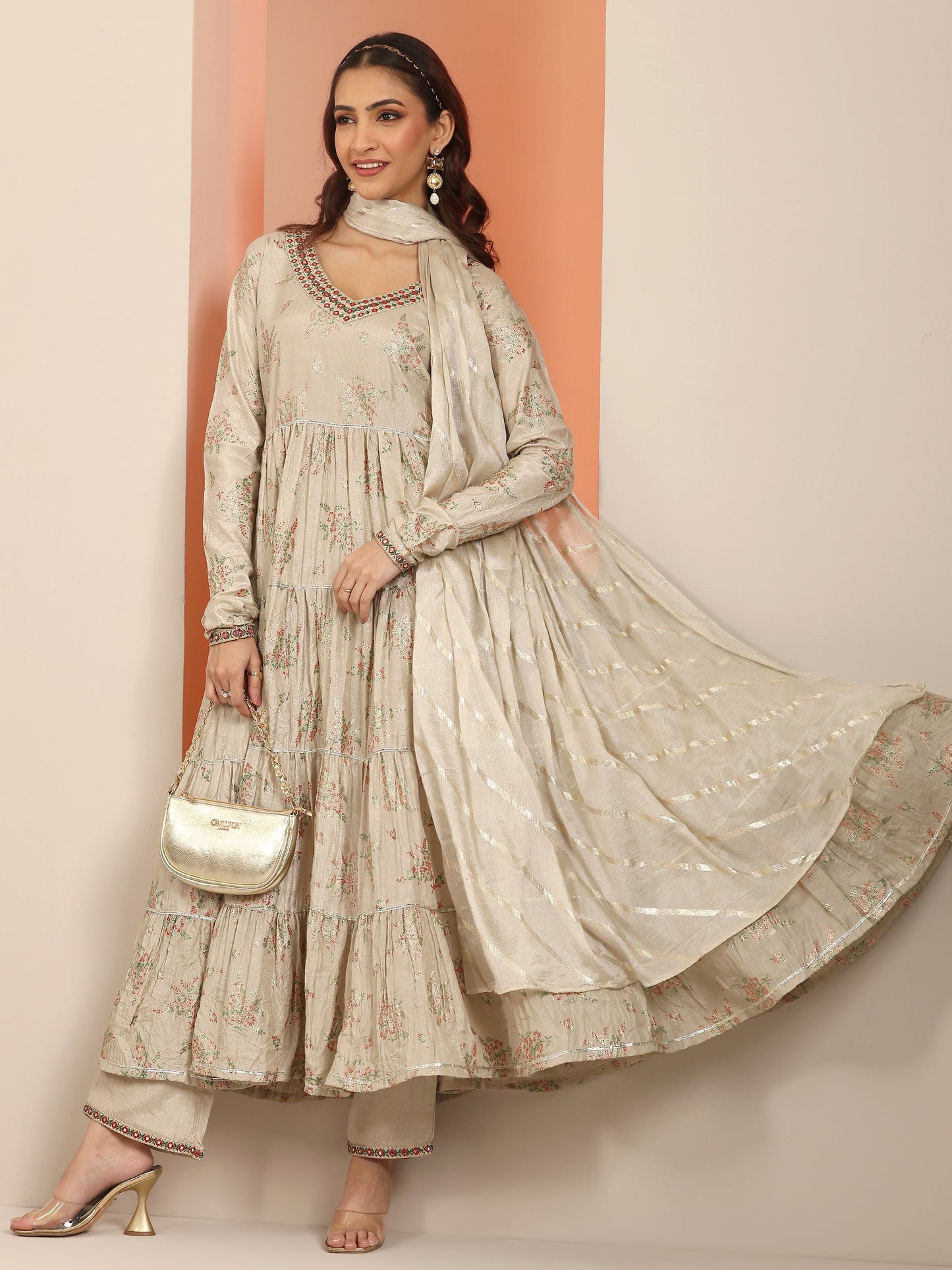 Grey Floral Printed Silk Blend Anarkali Suit Set With Dupatta