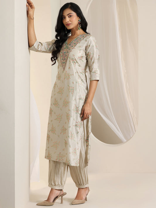 Grey Printed Silk Blend Straight Suit Set With Dupatta