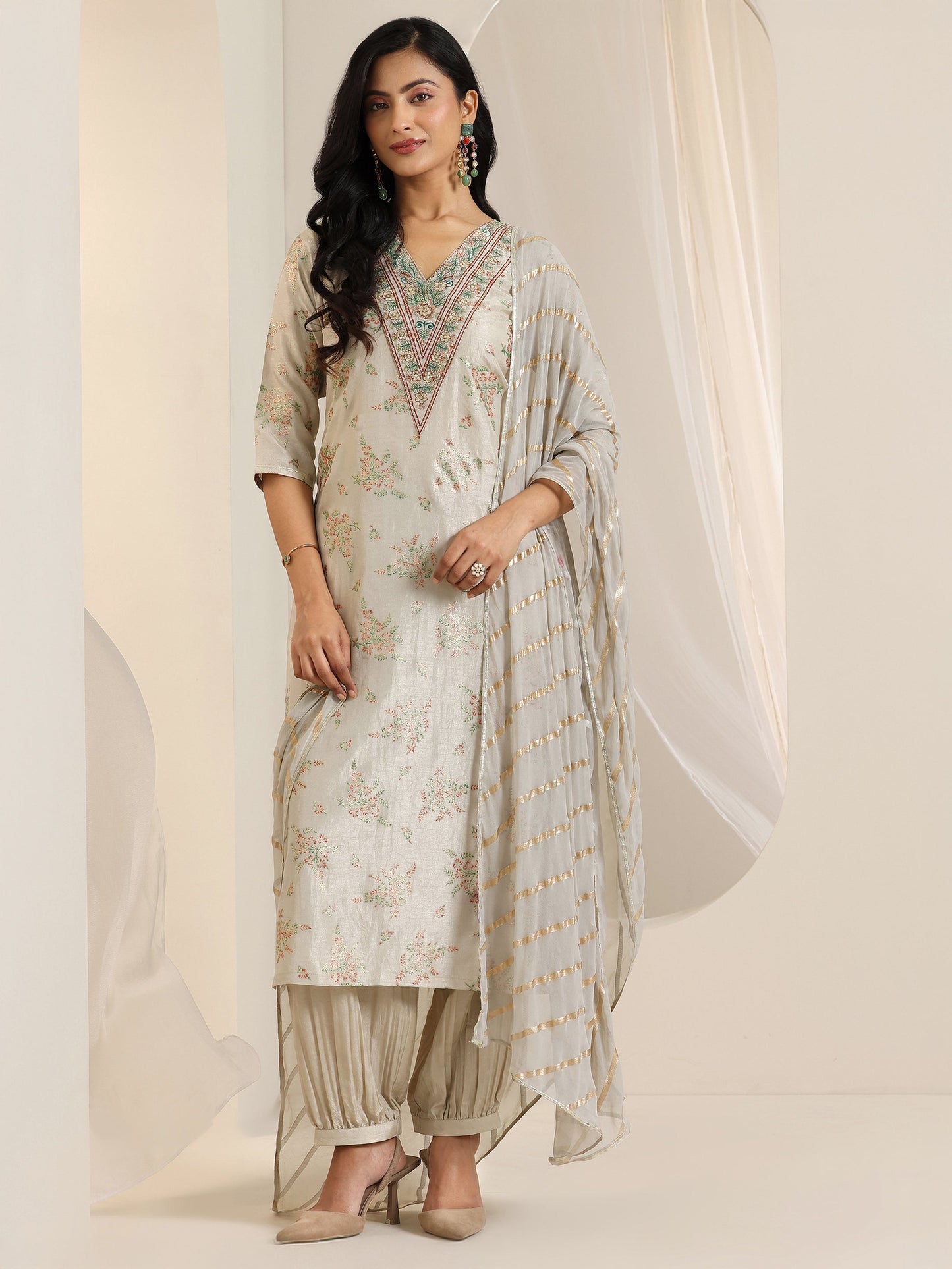 Grey Printed Silk Blend Straight Suit Set With Dupatta
