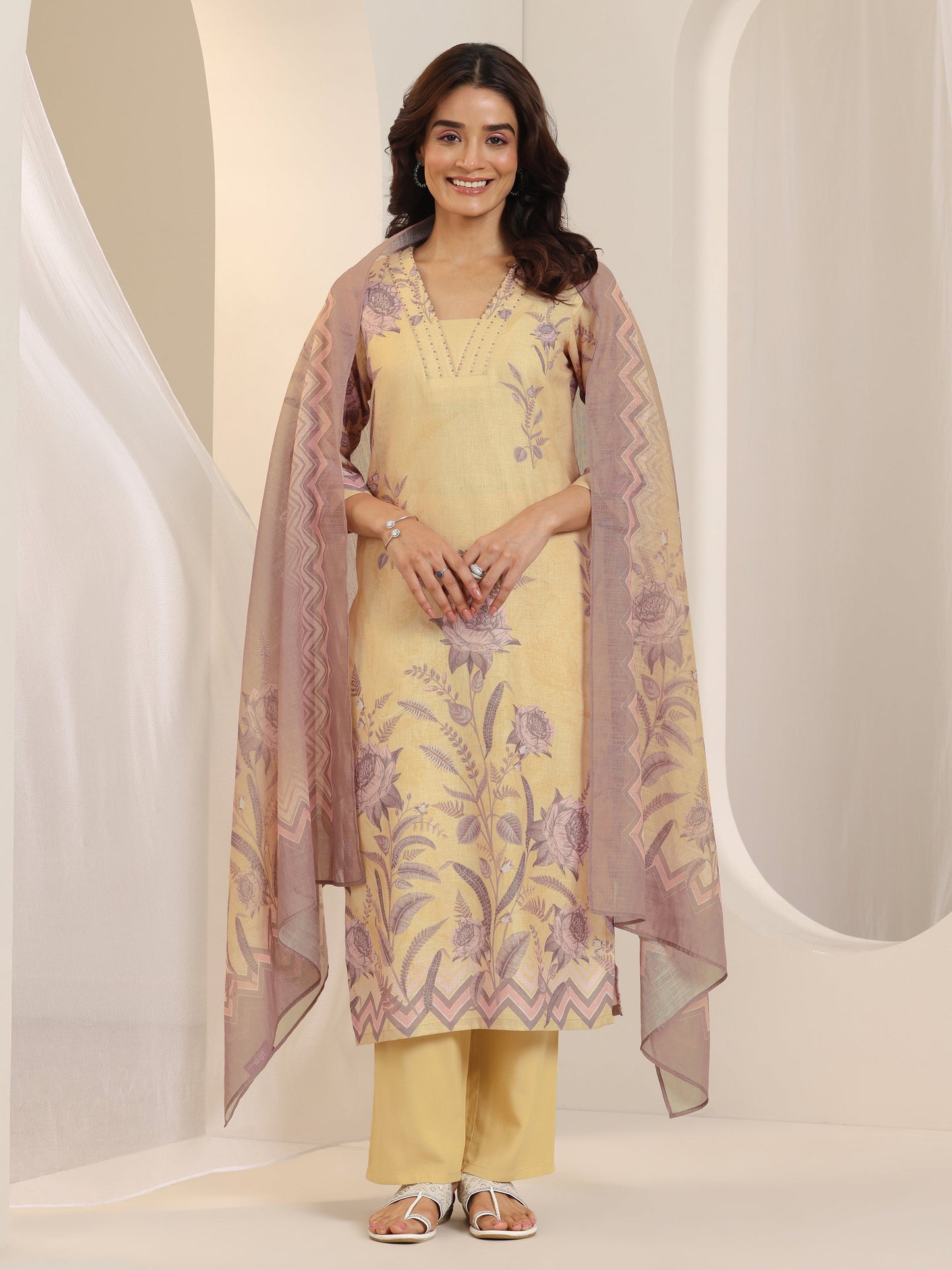 Beige Printed Cotton Blend Straight Suit Set With Dupatta