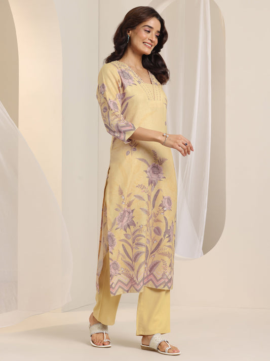 Beige Printed Cotton Blend Straight Suit Set With Dupatta