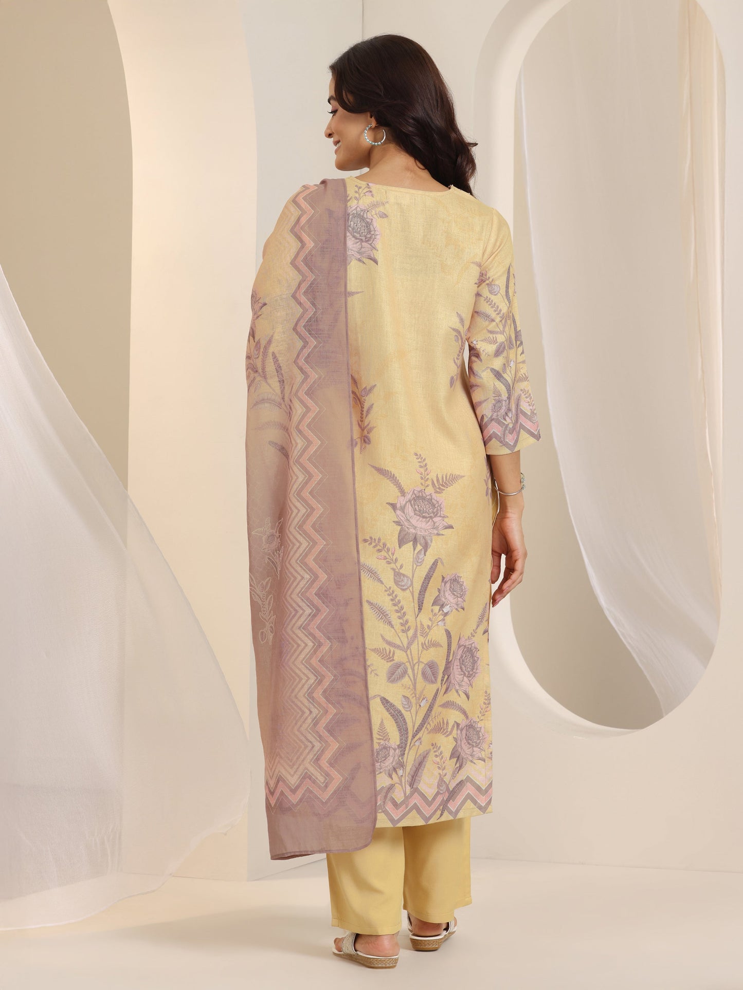 Beige Printed Cotton Blend Straight Suit Set With Dupatta