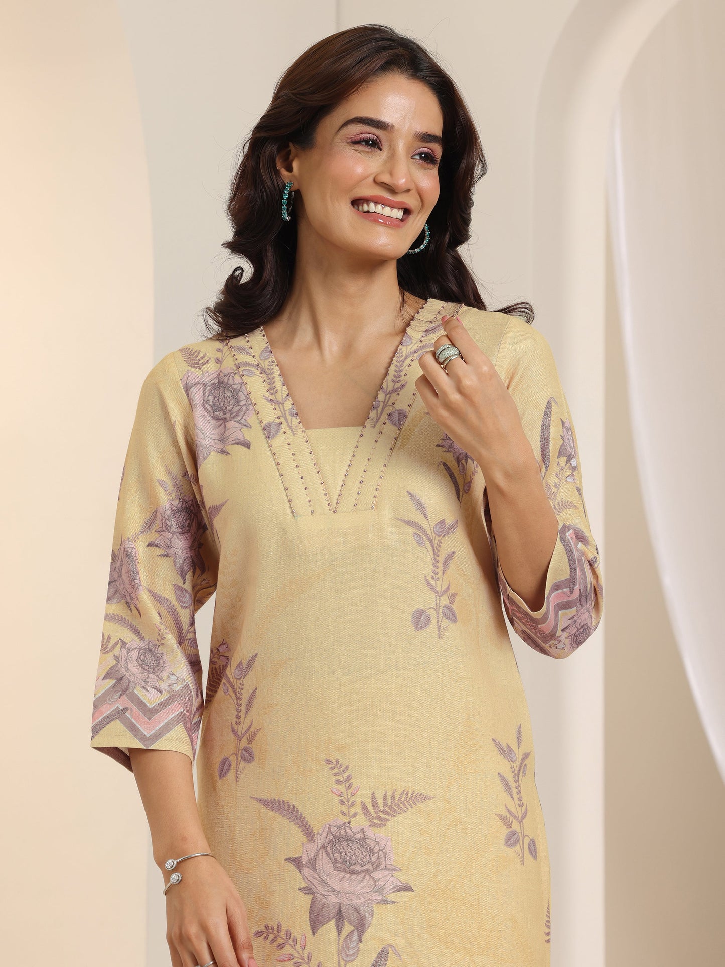 Beige Printed Cotton Blend Straight Suit Set With Dupatta