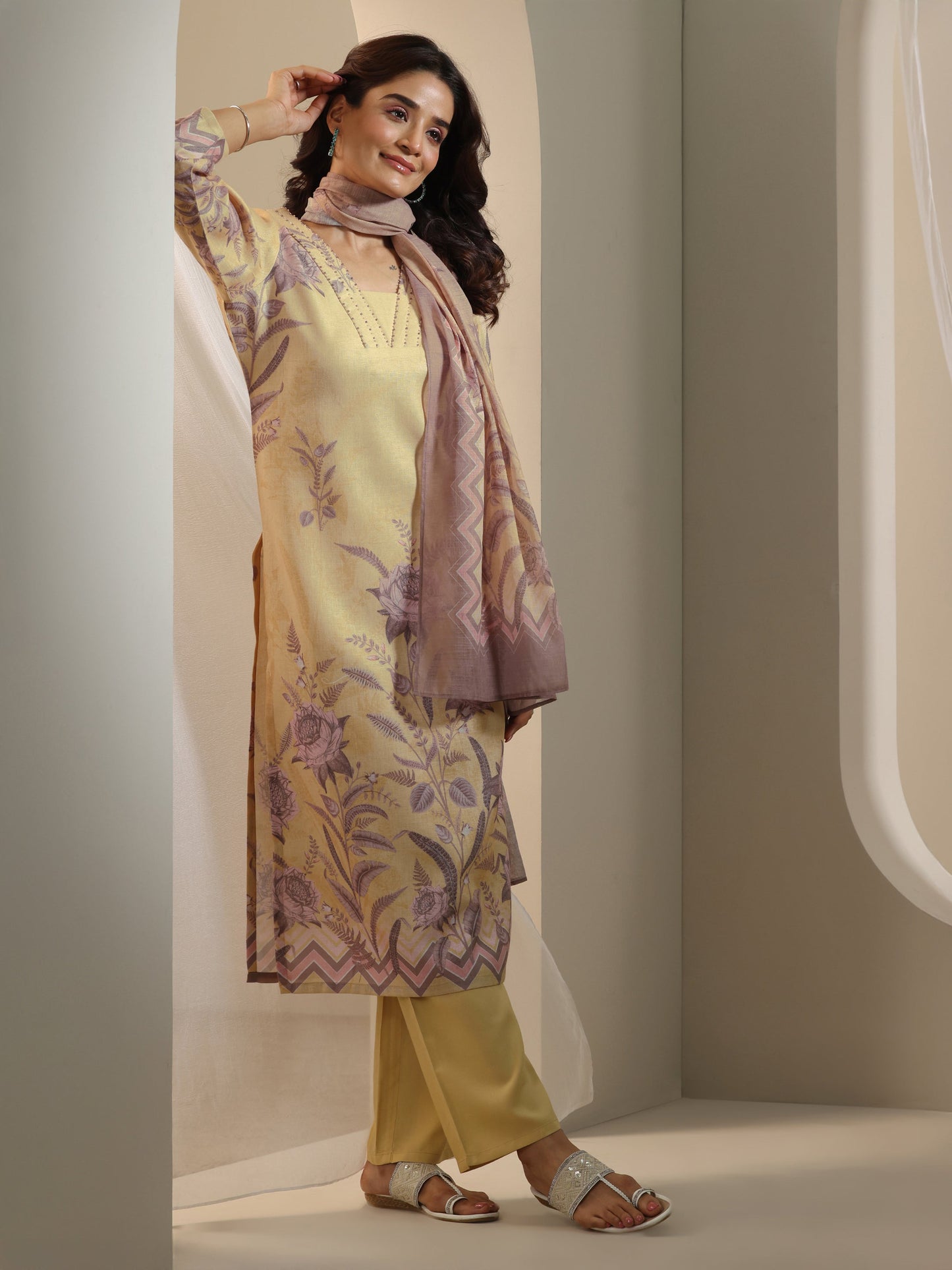 Beige Printed Cotton Blend Straight Suit Set With Dupatta