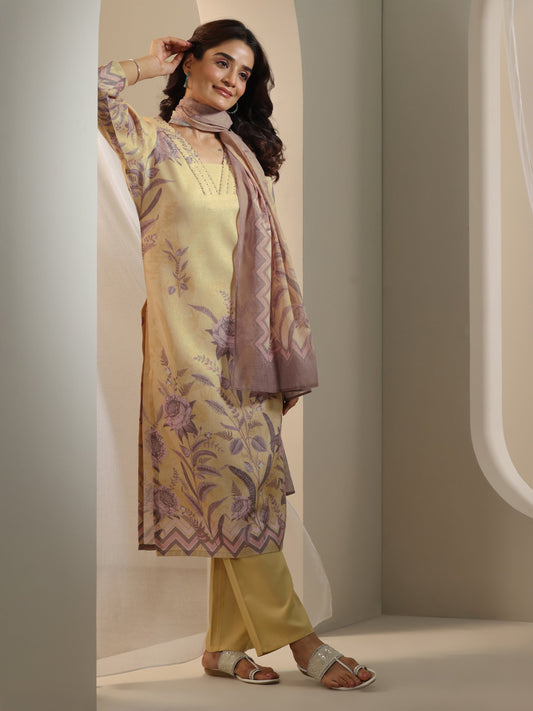 Beige Printed Cotton Blend Straight Suit Set With Dupatta