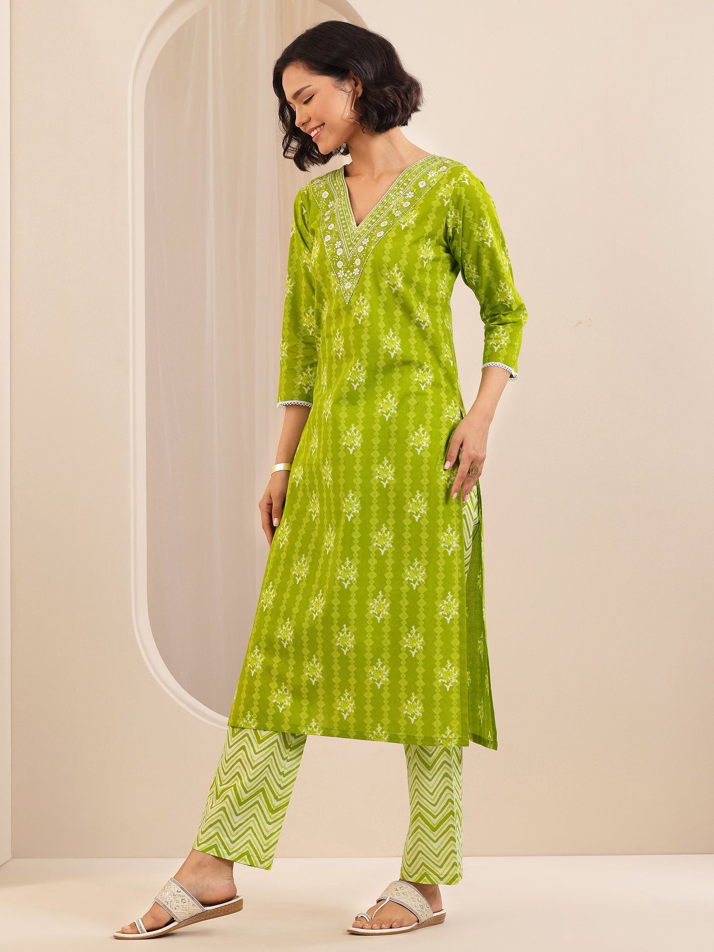 Green Printed Cotton Straight Suit Set With Dupatta
