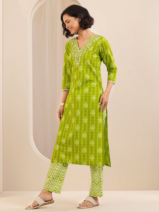 Green Printed Cotton Straight Suit Set With Dupatta