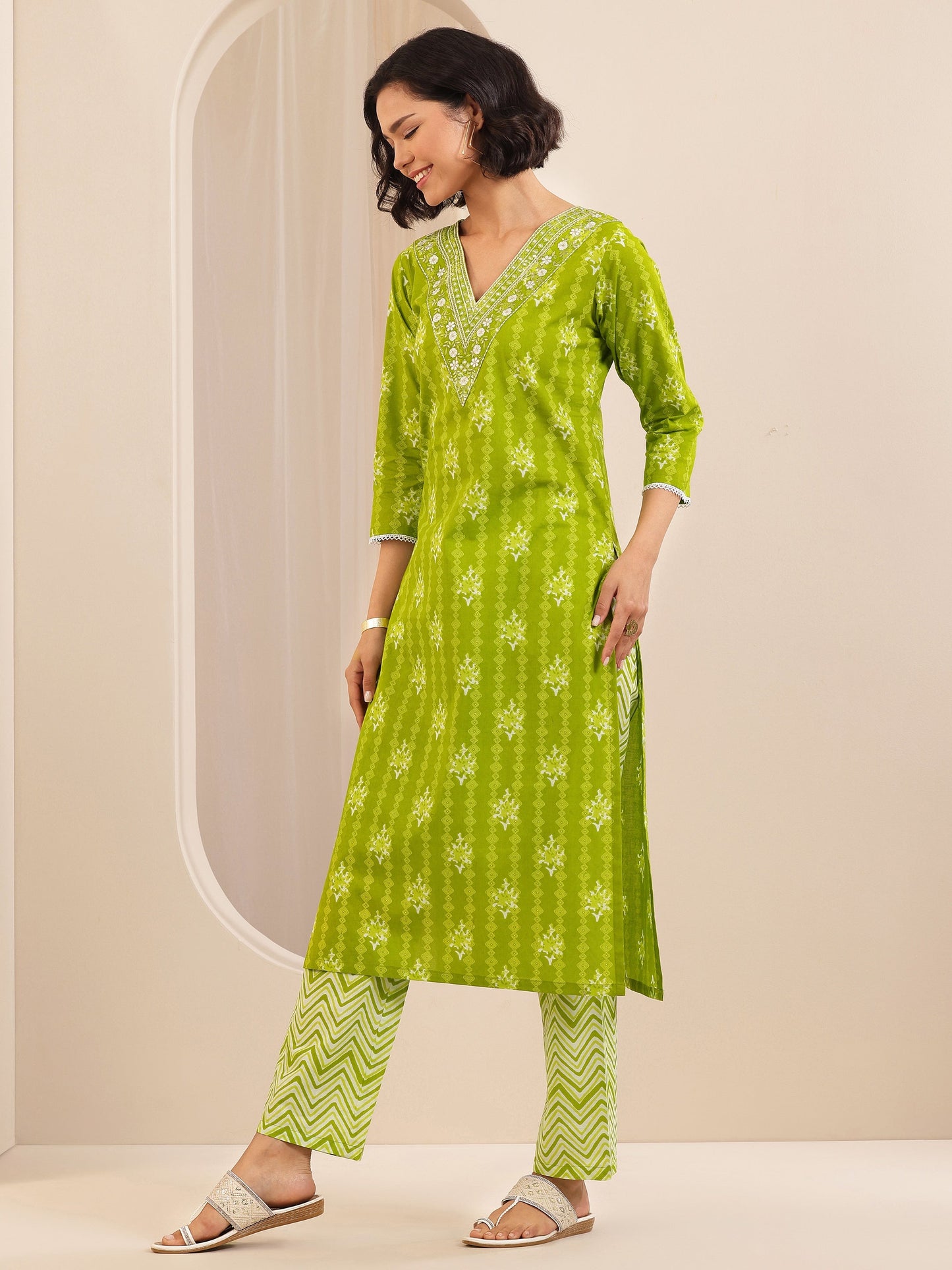 Green Printed Cotton Straight Suit Set With Dupatta