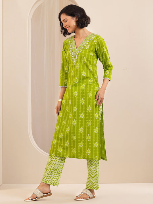 Green Printed Cotton Straight Suit Set With Dupatta