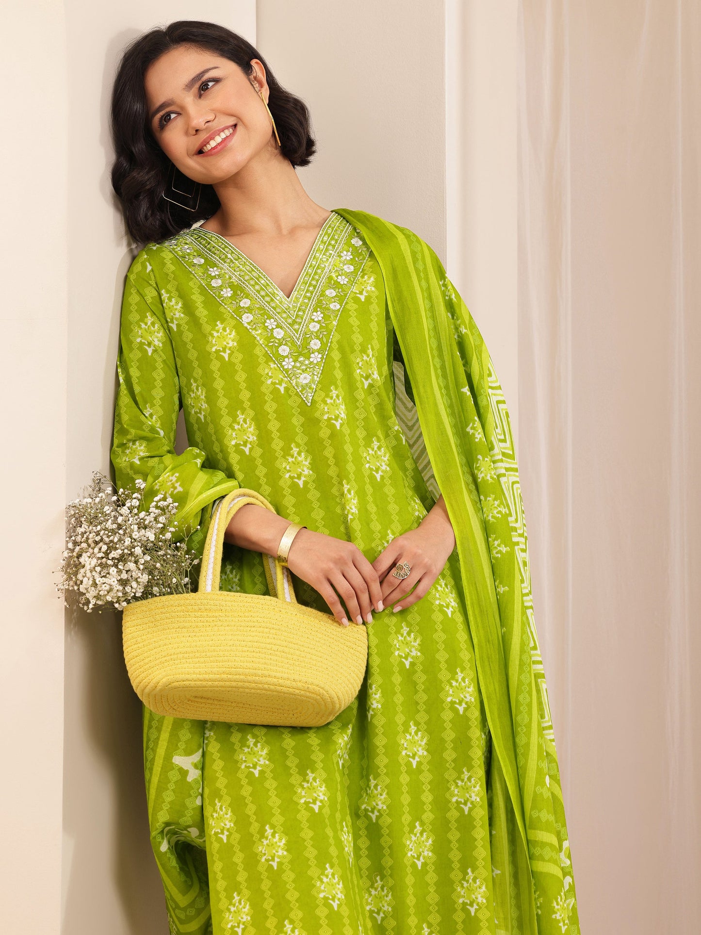 Green Printed Cotton Straight Suit Set With Dupatta