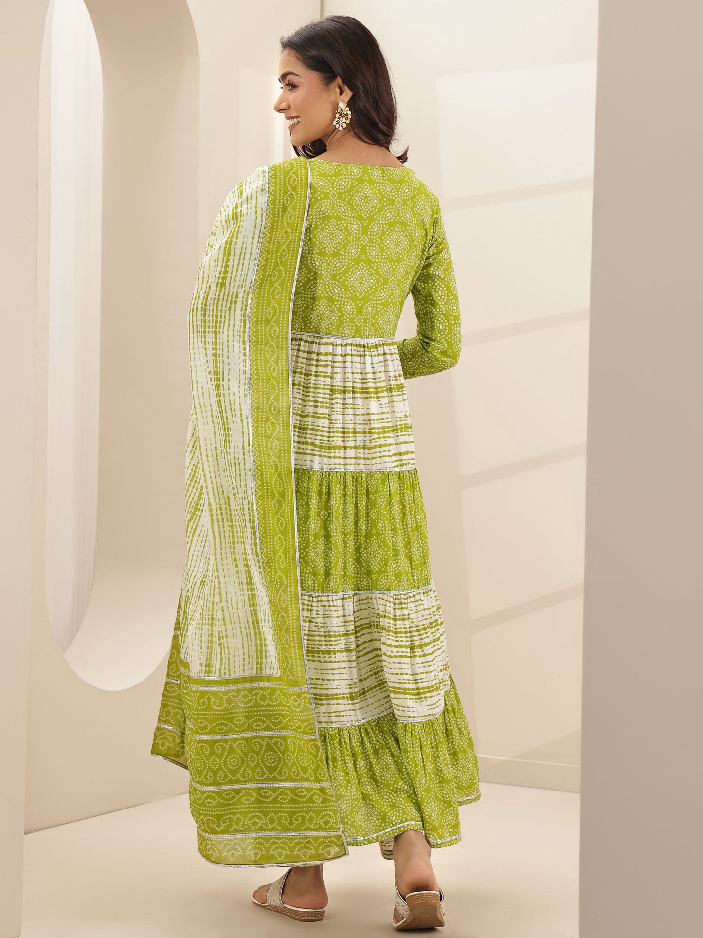 Green Printed Cotton Anarkali Suit Sets With Dupatta