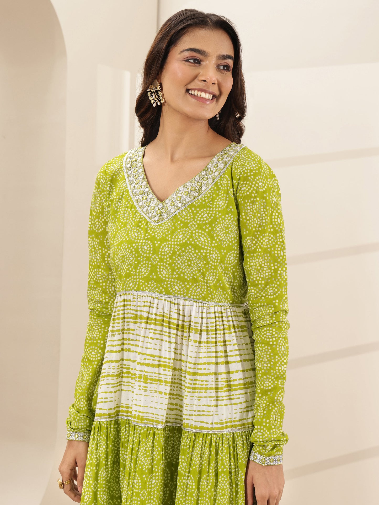 Green Printed Cotton Anarkali Suit Sets With Dupatta