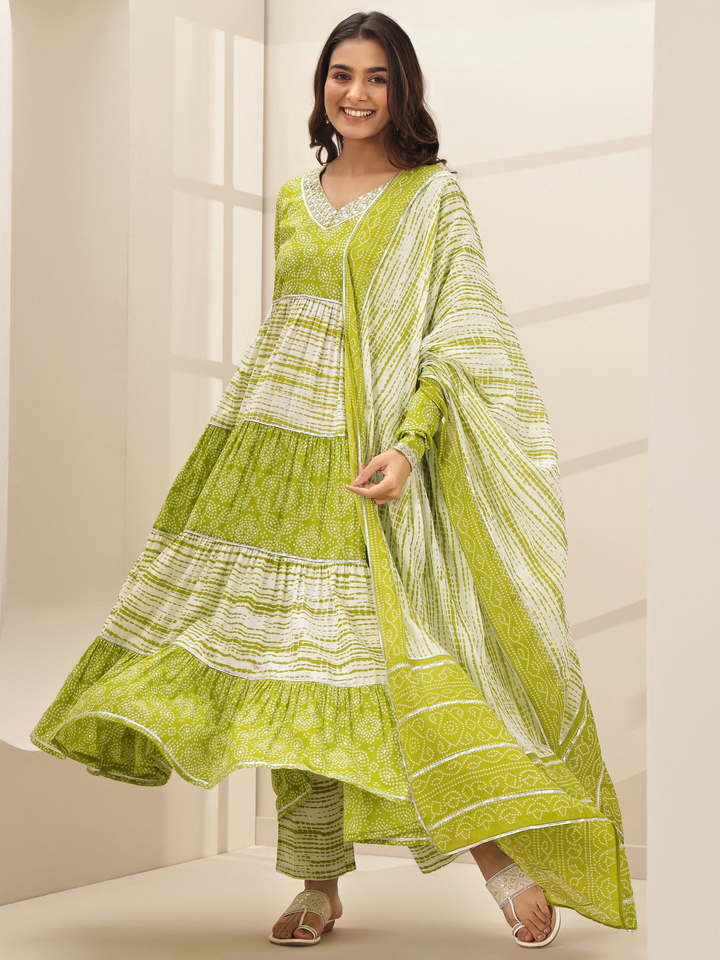 Green Printed Cotton Anarkali Suit Sets With Dupatta
