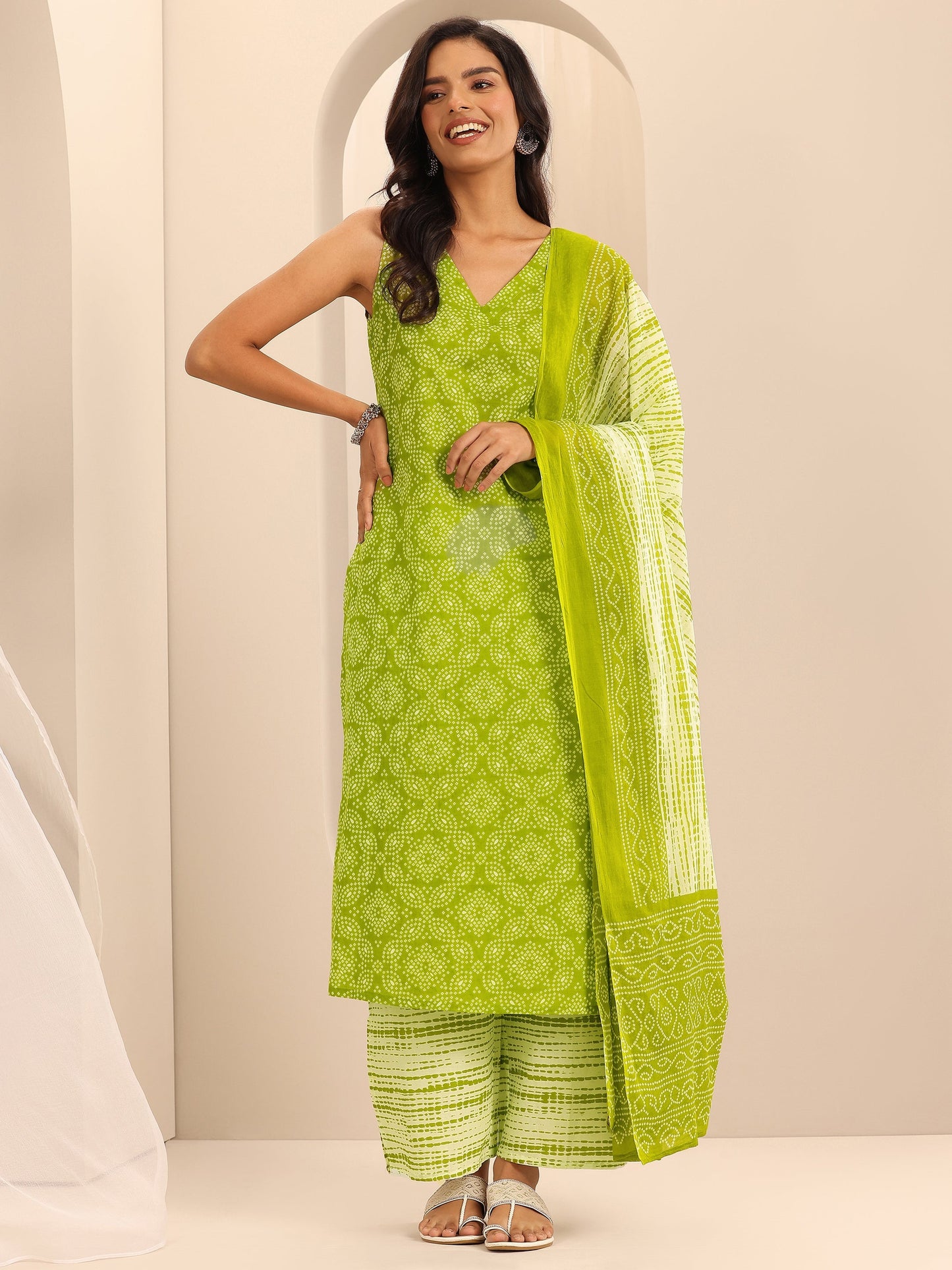 Green Printed Cotton Straight Suit Set With Dupatta