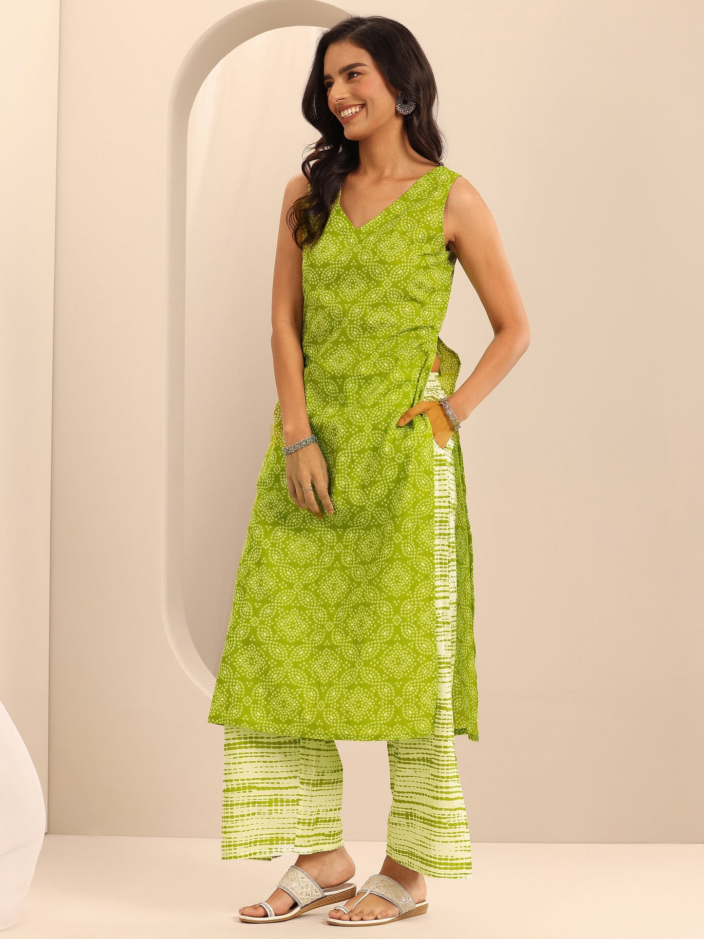 Green Printed Cotton Straight Suit Set With Dupatta