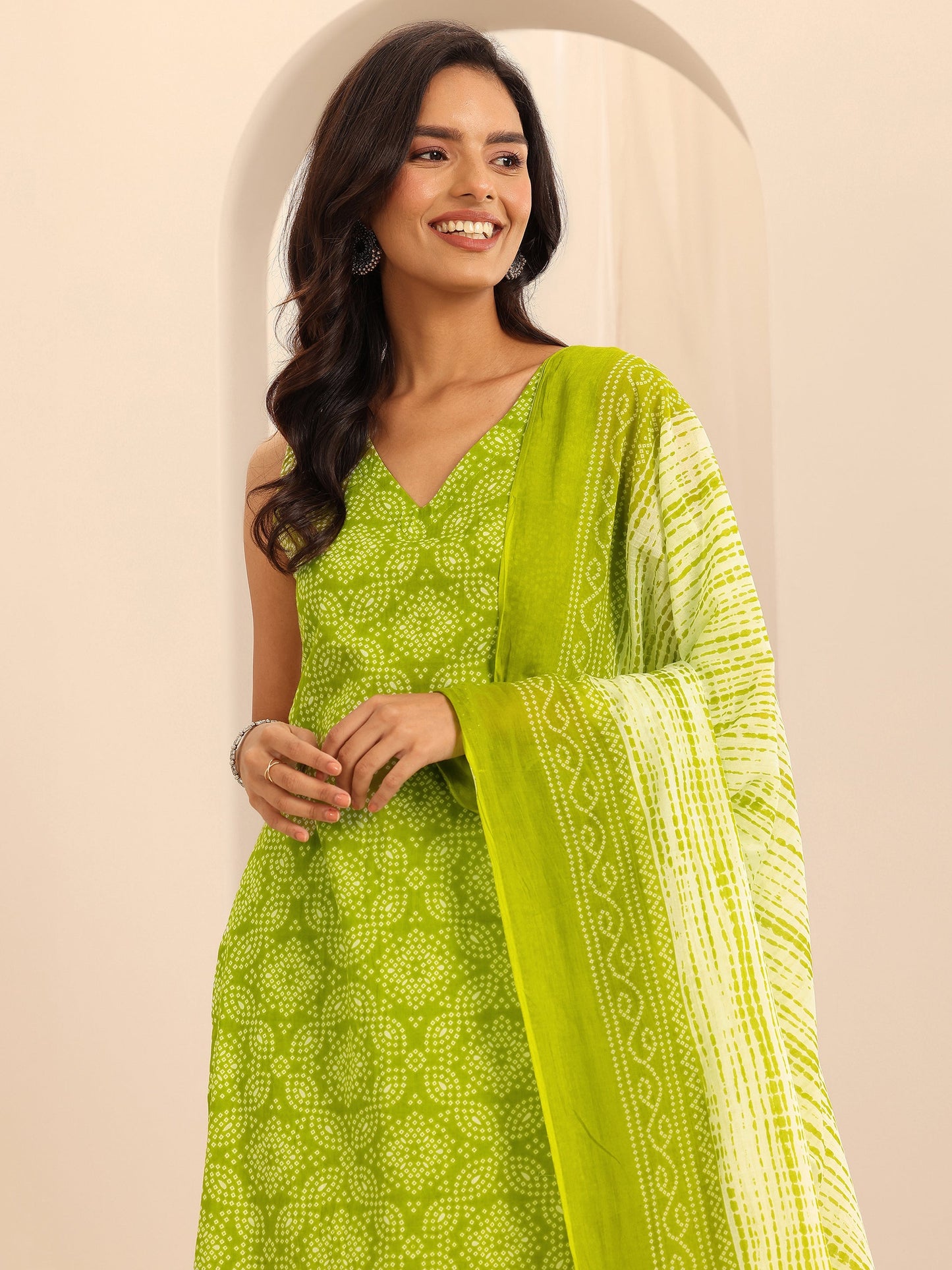 Green Printed Cotton Straight Suit Set With Dupatta