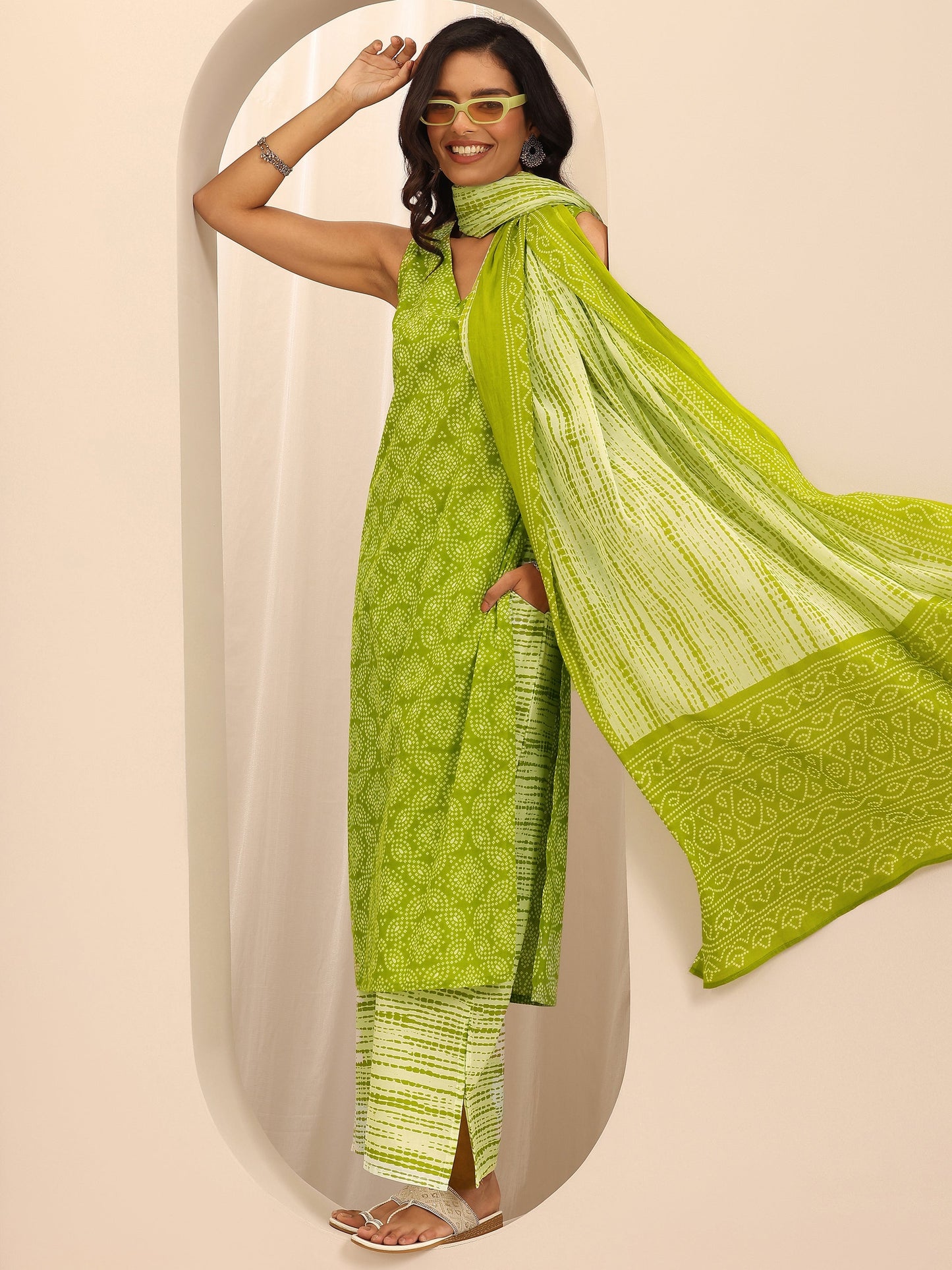 Green Printed Cotton Straight Suit Set With Dupatta