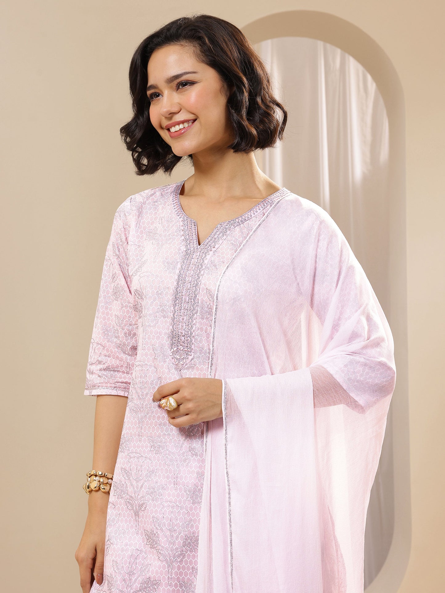 Pink Printed Cotton Straight Suit Sets With Dupatta