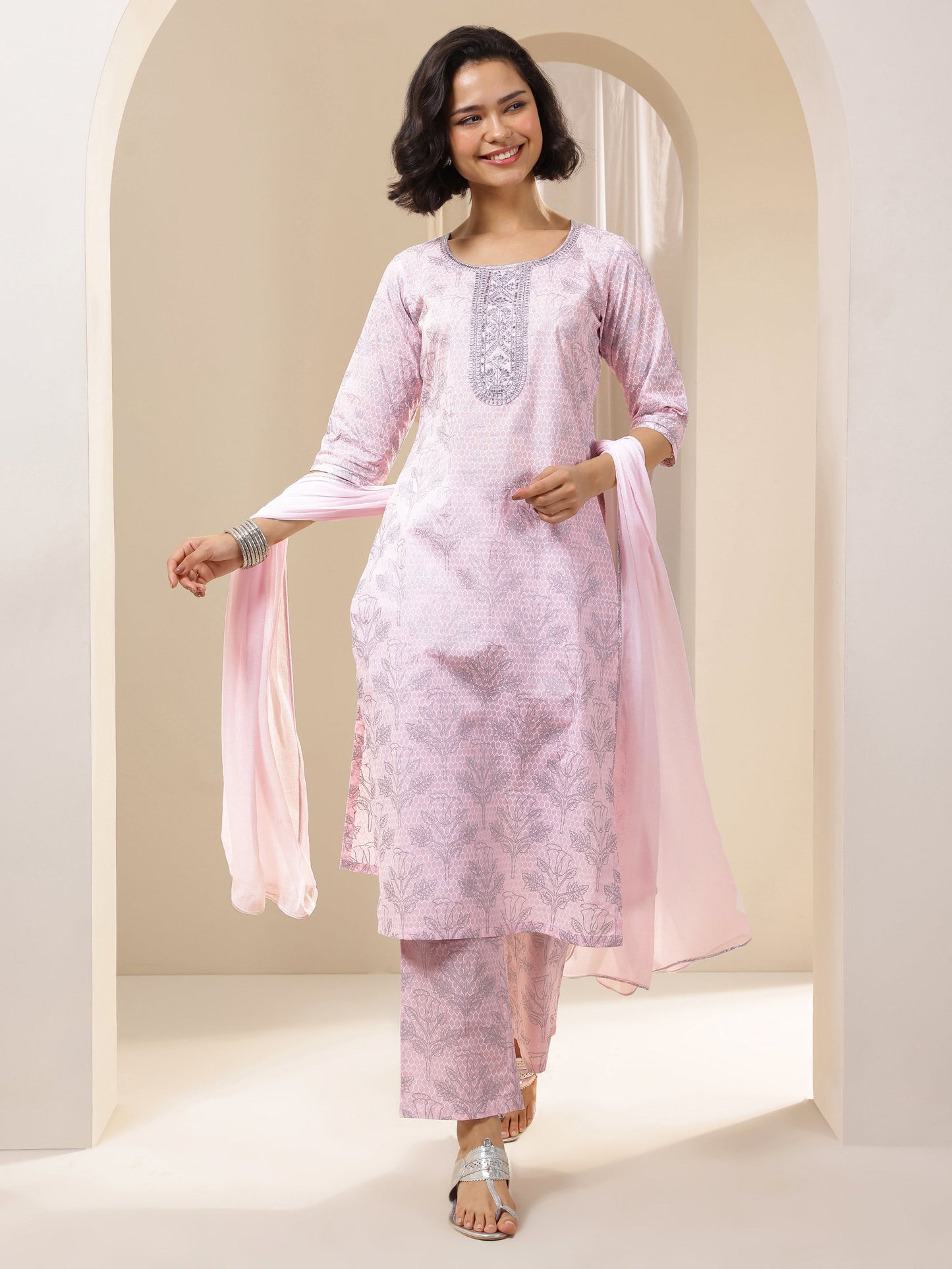 Pink Printed Cotton Straight Suit Sets With Dupatta