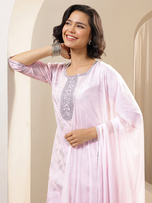 Pink Printed Cotton Straight Suit Sets With Dupatta