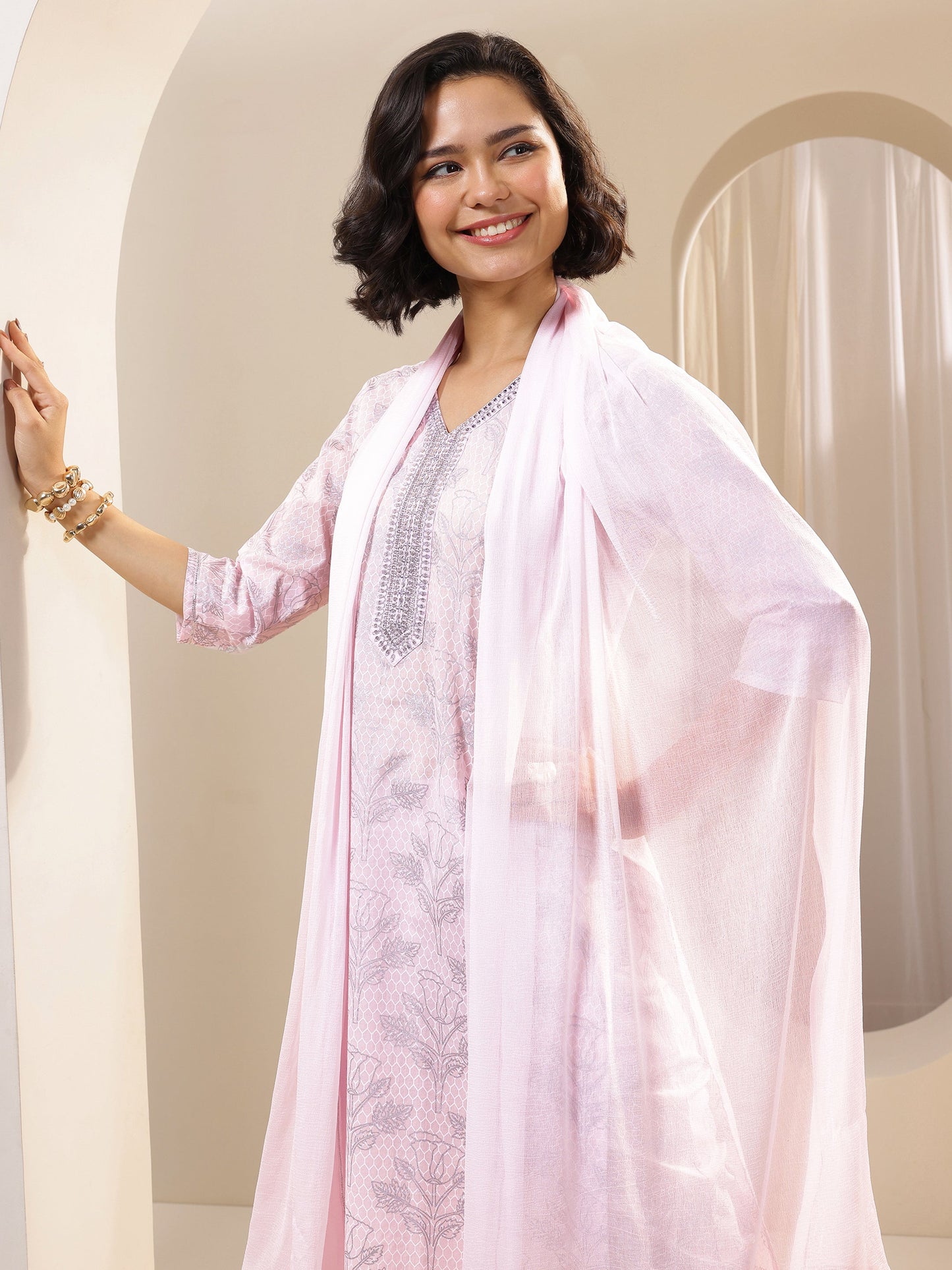 Pink Printed Cotton Straight Suit Sets With Dupatta
